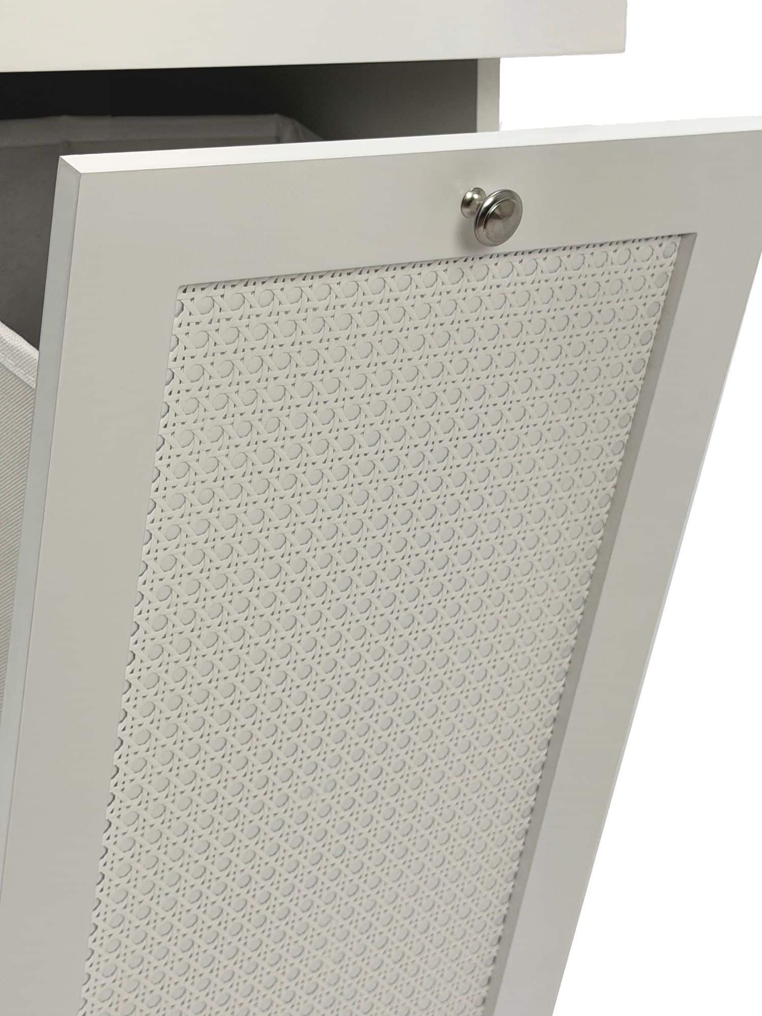 Wäscheschrank Weiß 38x90x40 cm Ratten Geflecht Nischenschrank Bad - Schmaler Wäschekipper mit Klapptür und Schublade - Badschrank Wäschesammler Badezimmer