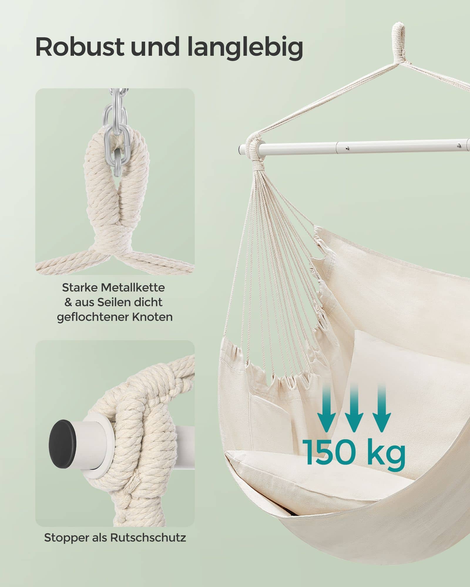 Hängesessel mit 2 Kissen und Metallkette cremeweiß Hängesessel mit 2 Kissen und Metallkette cremeweiß