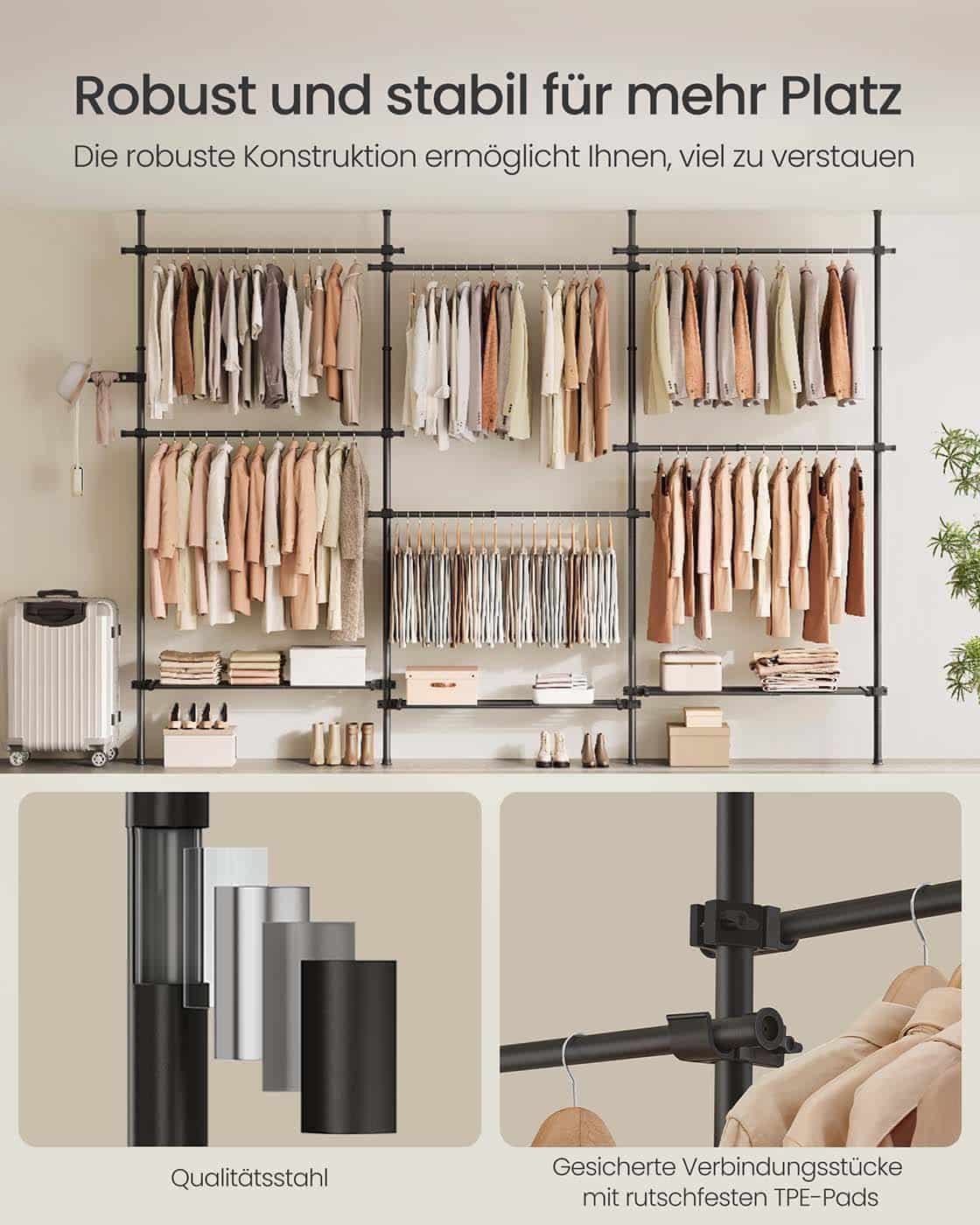 Teleskop-Kleiderstangen mit 6 Stangen und 3 Ablagen mattschwarz Teleskop-Kleiderstangen mit 6 Stangen und 3 Ablagen mattschwarz