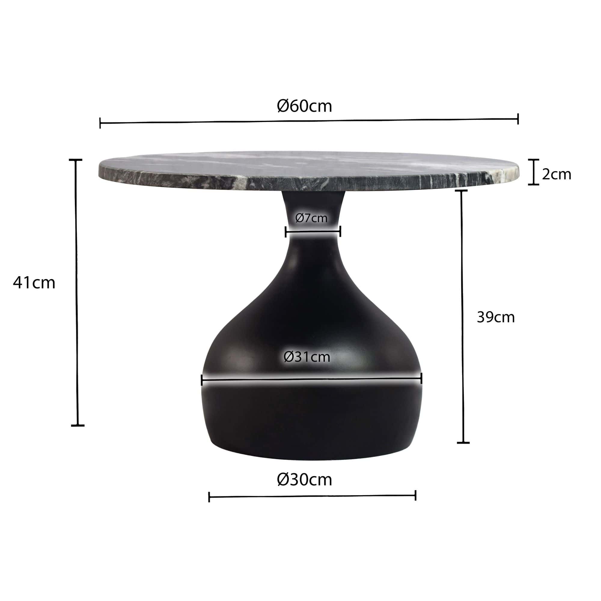 Couchtisch 60cm Aluminium mit schwarzer Marmor Tischplatte - Runder Wohnzimmertisch - Design Sofatisch - Moderner Loungetisch - Edler Beistelltisch Wohnzimmer Handmade