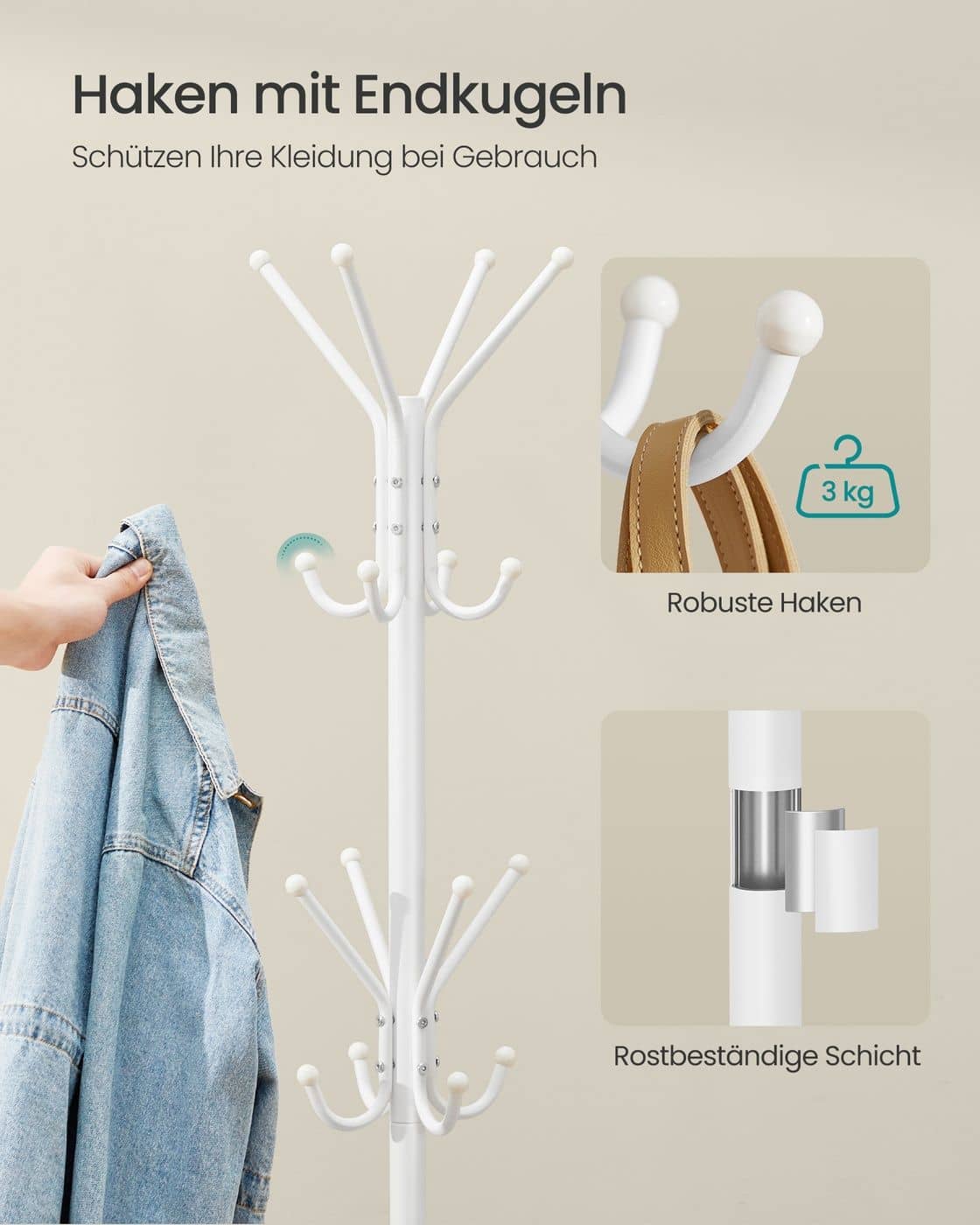 Metall Garderobenständer mit Haken für Kleidung und Accessoires wolkenweiß