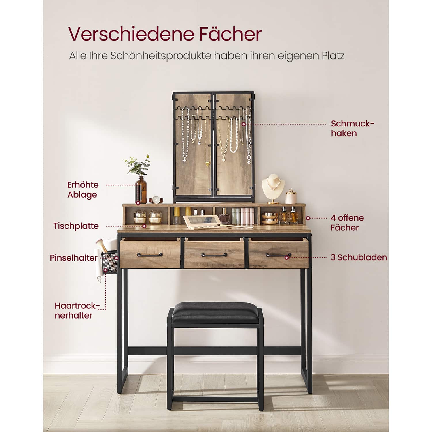 Schminktisch mit Hocker und Spiegel-B34RVT004B50 Schminktisch mit Hocker und Spiegel-B34RVT004B50