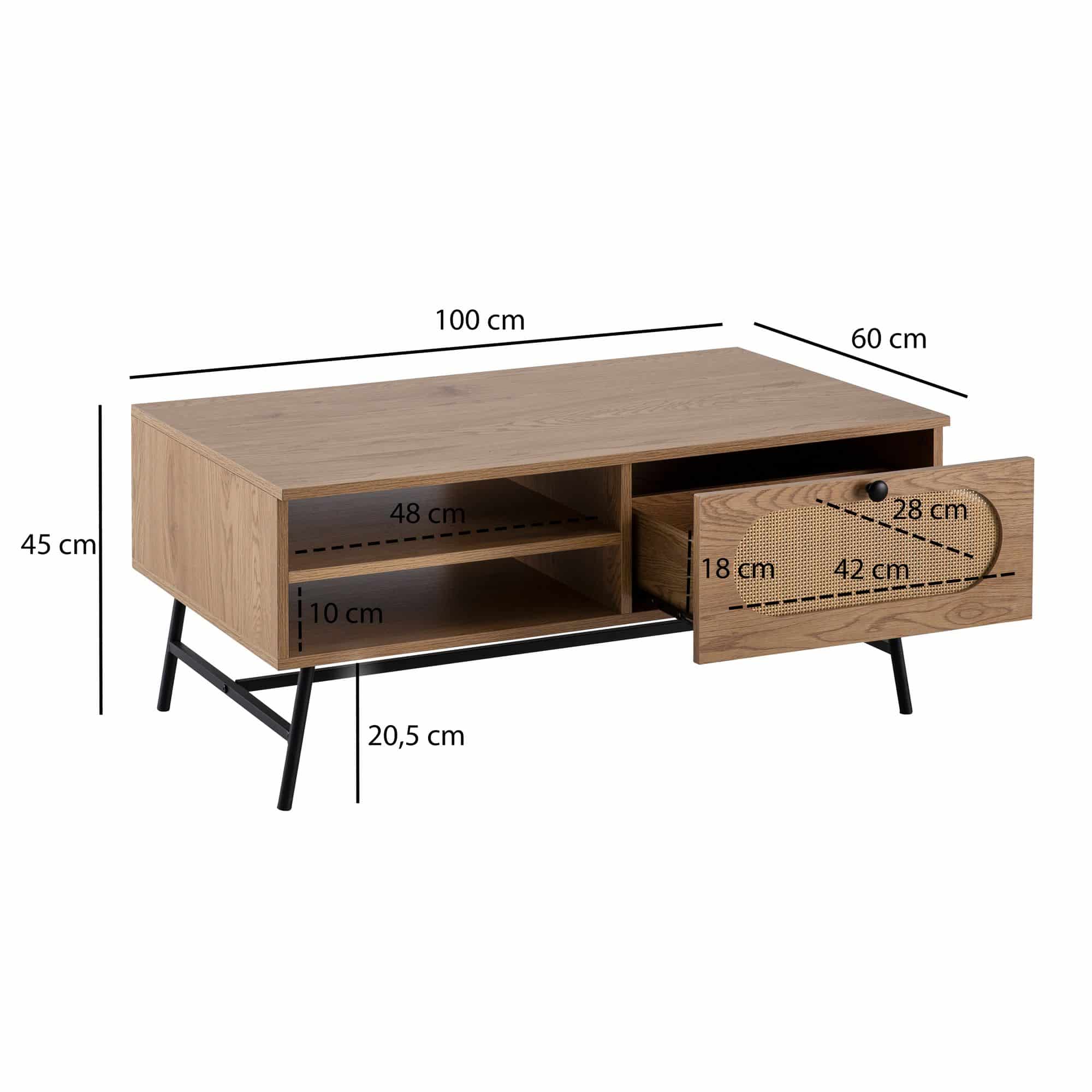 Couchtisch 100x60x45 cm Wohnzimmertisch mit Eiche-Dekor & Rattan