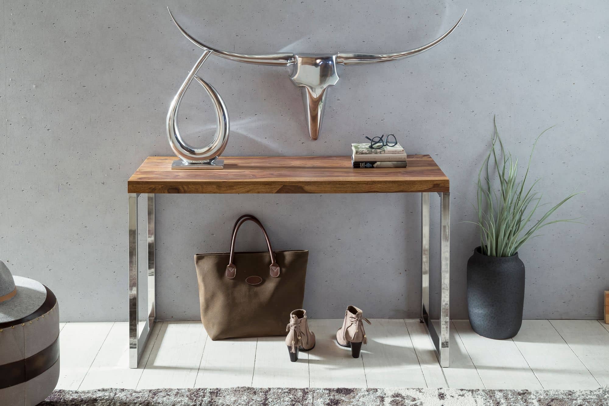 34316-WOHNLING-Konsolentisch-GUNA-Massivholz-Shee_3 Konsolentisch GUNA Massivholz Sheesham Konsole mit Metallbeinen Schreibtisch 120x45 cm Landhaus-Stil Sideboard Modern Massiv Echt-holz Natur Anrichte PC-Tisch Sekretär Tisch Flur
