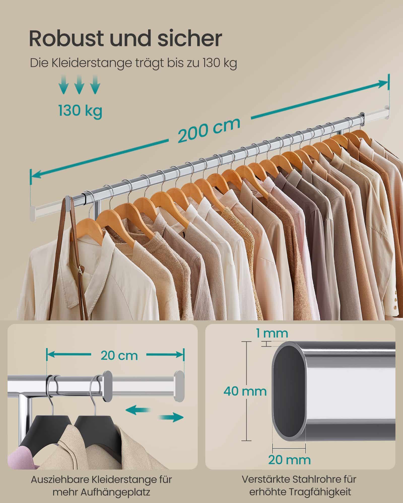 Kleiderständer auf Rollen mit ausziehbarer Kleiderstange silbern