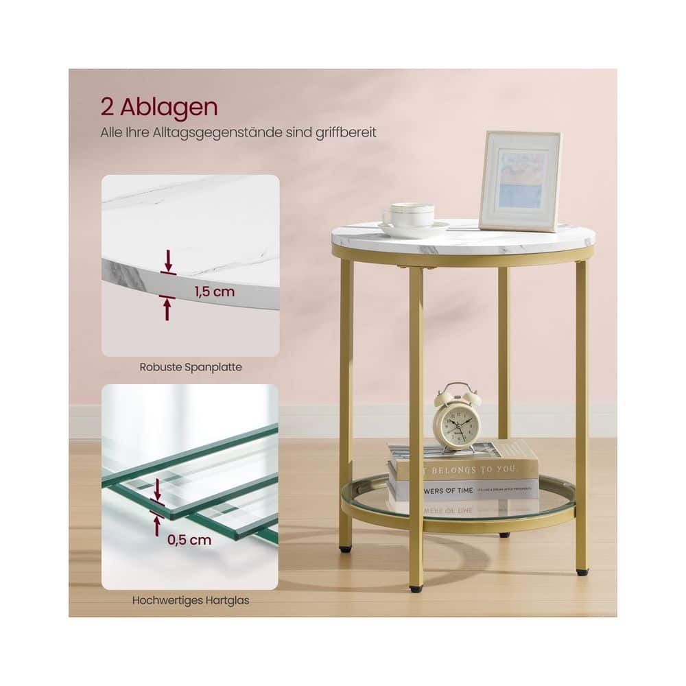Beistelltisch 2 Ebenen in weißer Marmoroptik mit schwarzem Gestell Marmorweiß-Helles Gold Beistelltisch 2 Ebenen in weißer Marmoroptik mit schwarzem Gestell Marmorweiß-Helles Gold