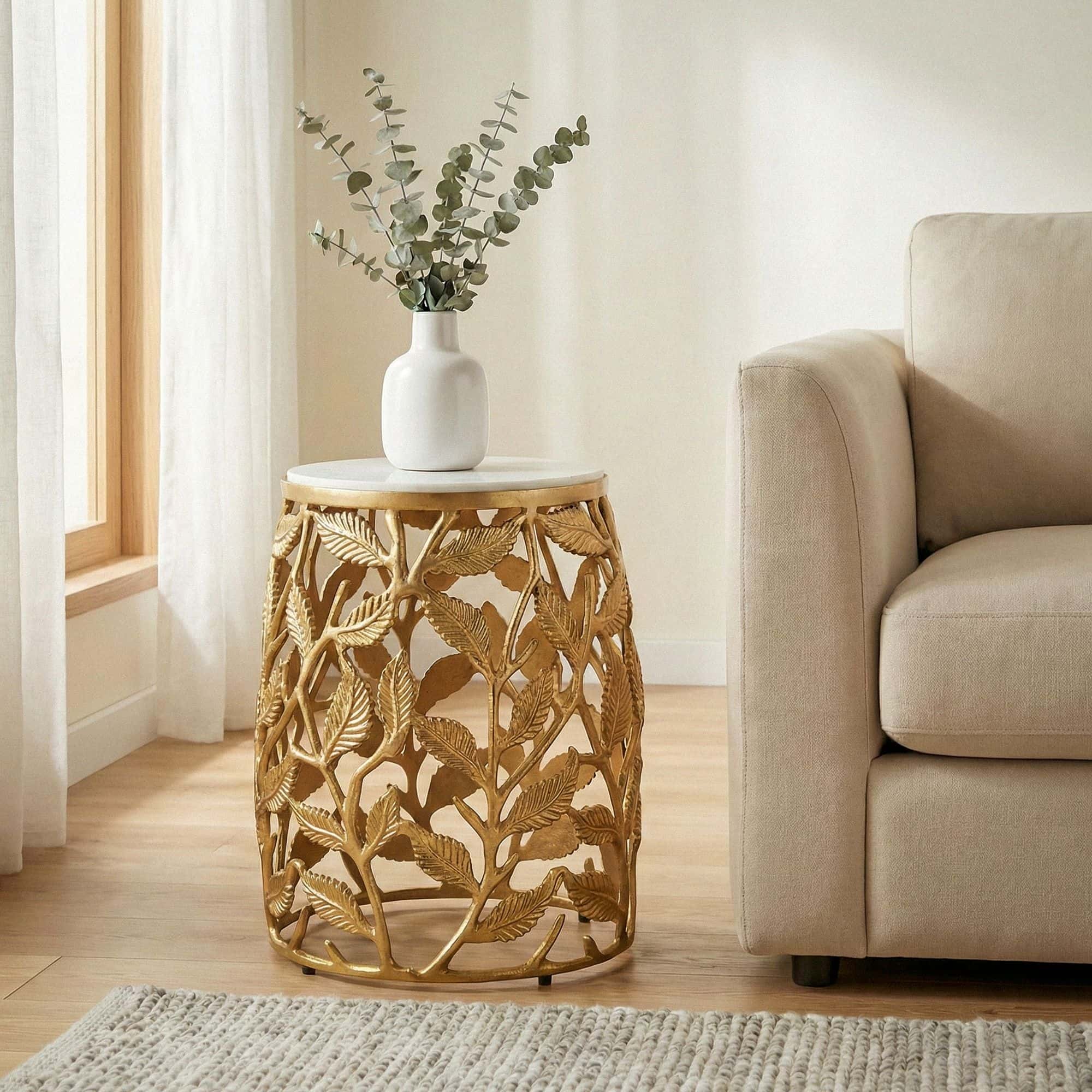 Beistelltisch 40cm Gold mit weißer Marmor Tischplatte - Couchtisch klein rund - Sofatisch Alu modern - Wohnzimmertisch Aluminium - Design Tisch Metallgestell Handmade