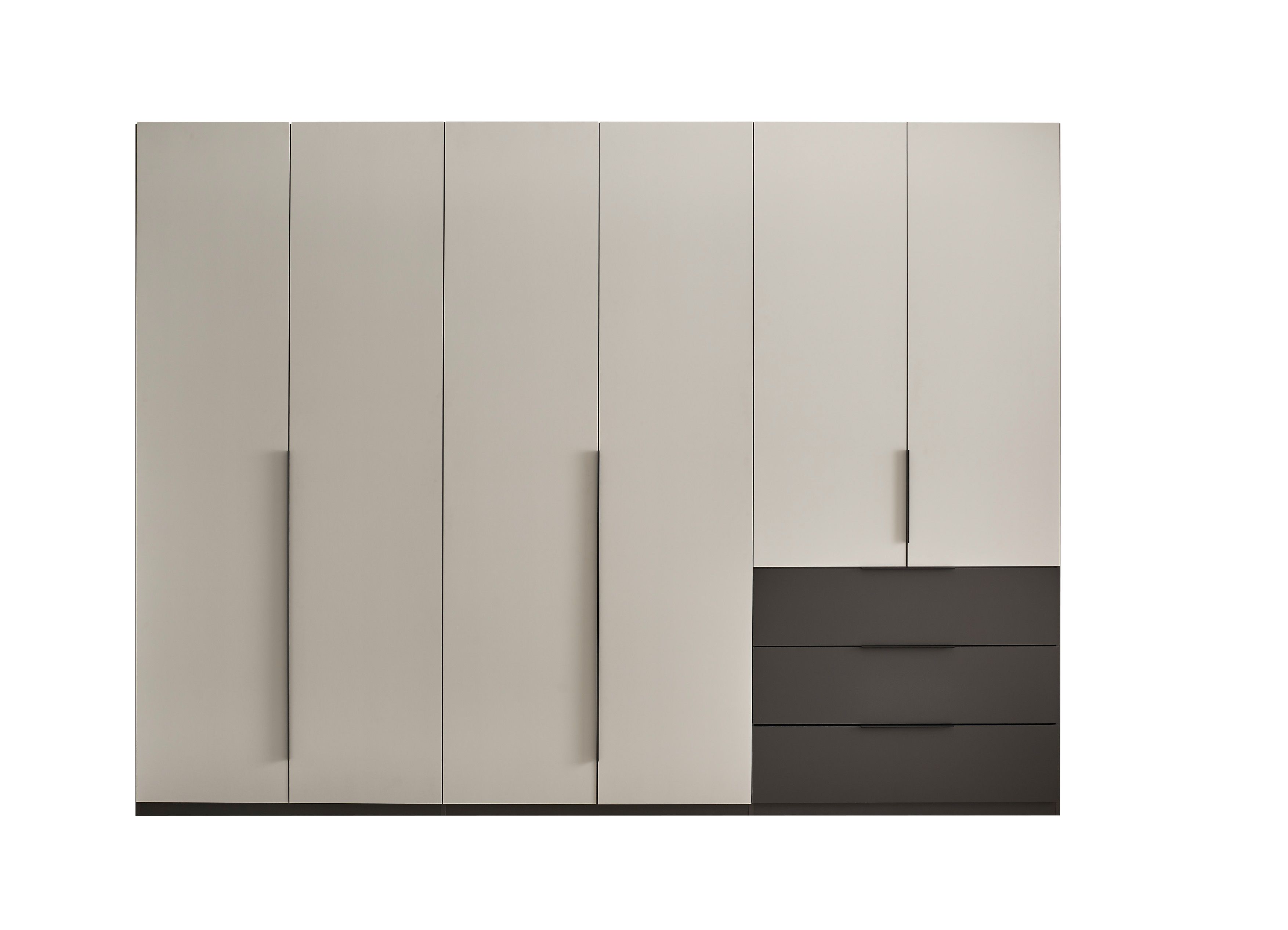 Nuka Kleiderschrank graphitgrau/hellgrau – 300 cm breit, mit Schubladen & Drehtüren, modernes Design Nuka Kleiderschrank graphitgrau/hellgrau – 300 cm breit, mit Schubladen & Drehtüren, modernes Design