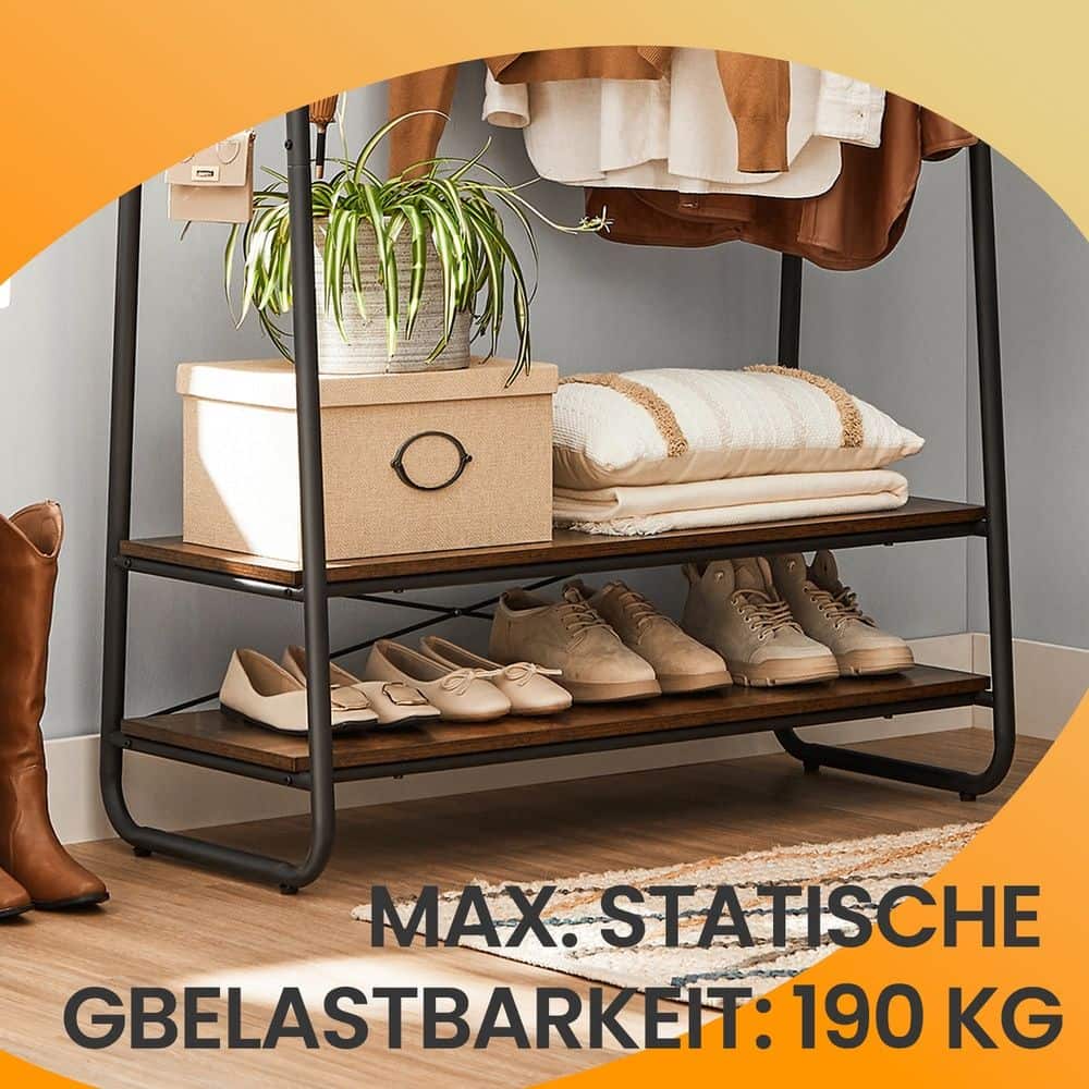 Kleiderständer, Garderobenständer mit 2 Ablagen, 6 Haken in S-Form Kleiderständer, Garderobenständer mit 2 Ablagen, 6 Haken in S-Form