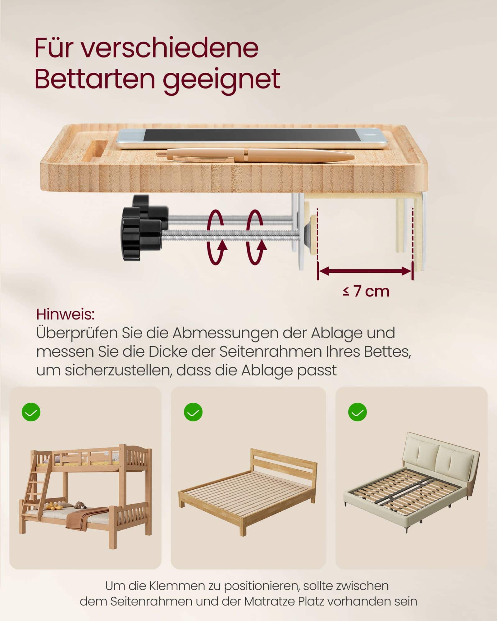 Nachttisch zum Einhängen mit Getränkehalter naturbeige