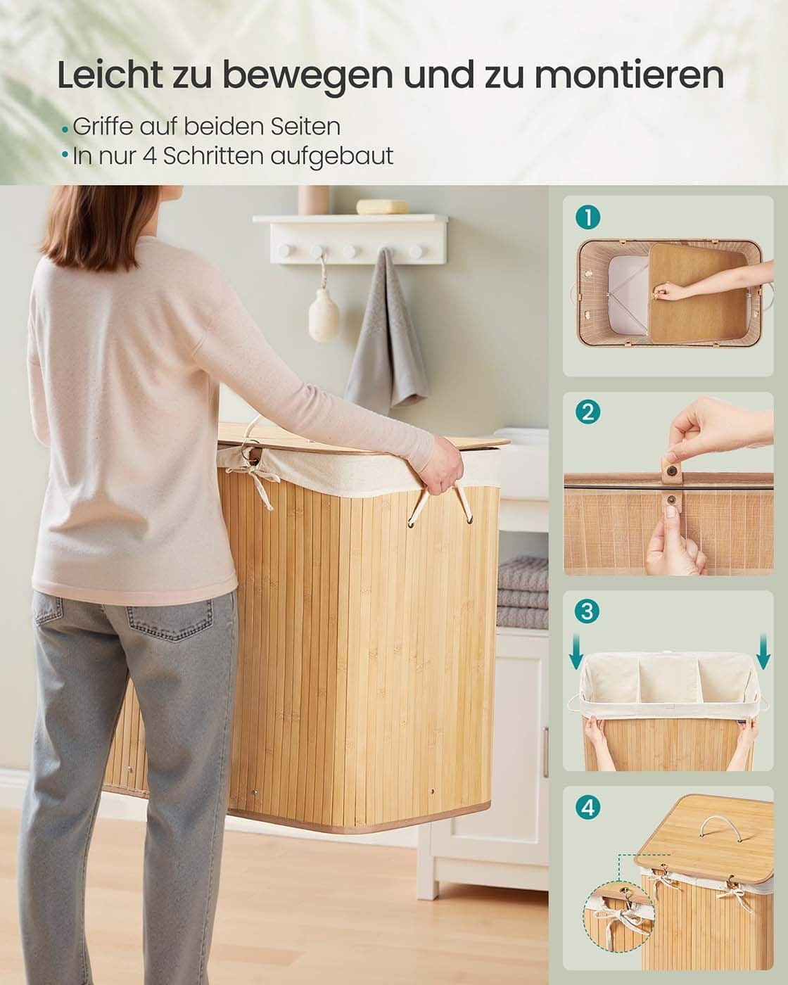 Wäschekorb mit 3 Fächern und herausnehmbarem Wäschesack Naturfarben