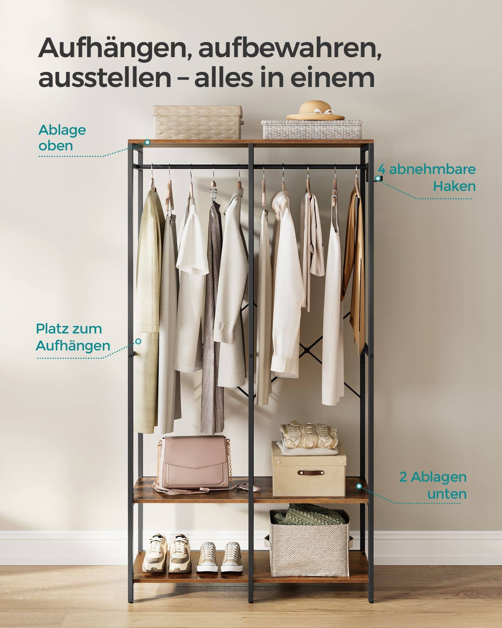 Kleiderschrank offen mit Kleiderstange vintagebraun Kleiderschrank offen mit Kleiderstange vintagebraun