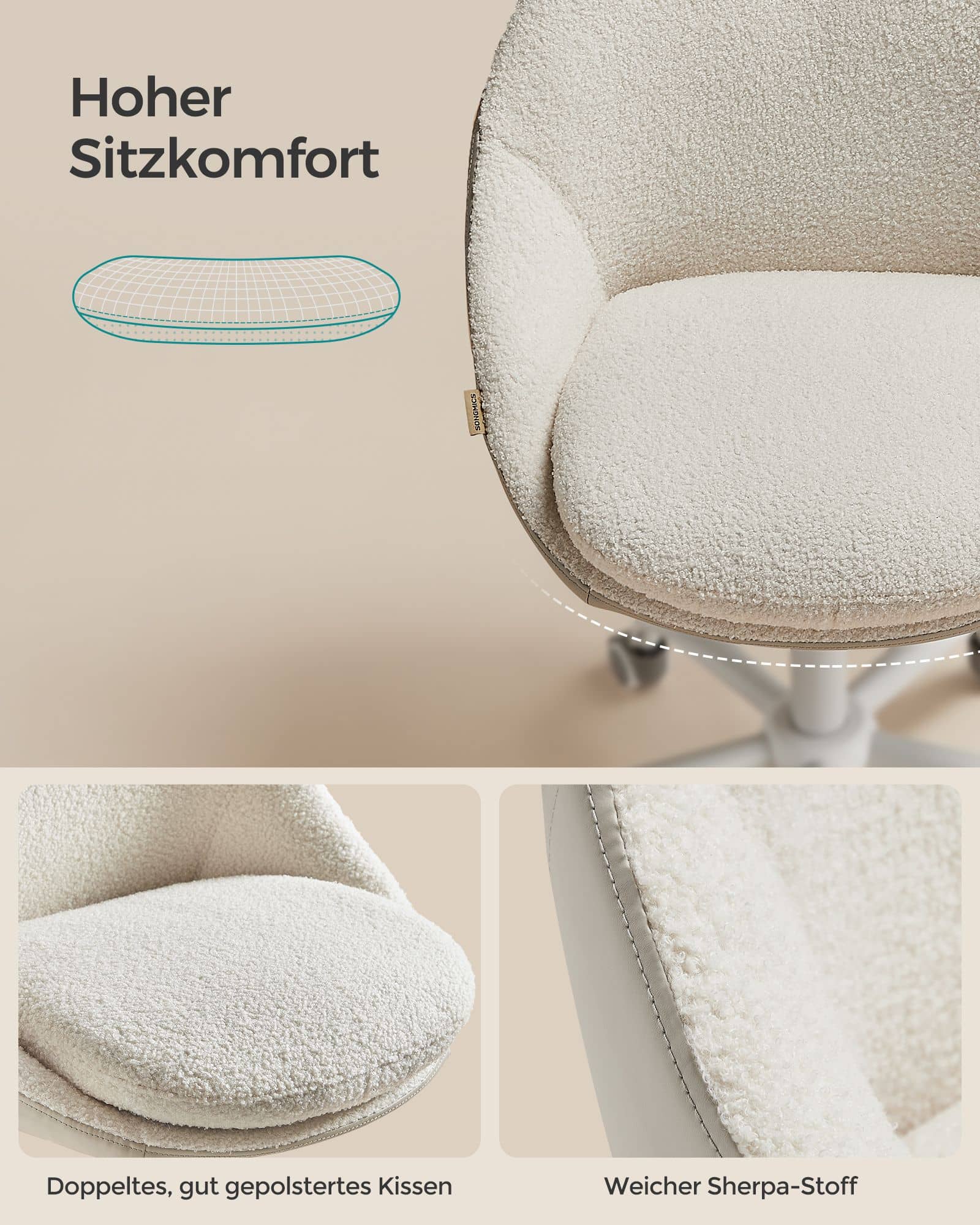 Bürostuhl aus Samt höhenverstellbar cappuccinobeige-wolkenweiß-OBG020W01