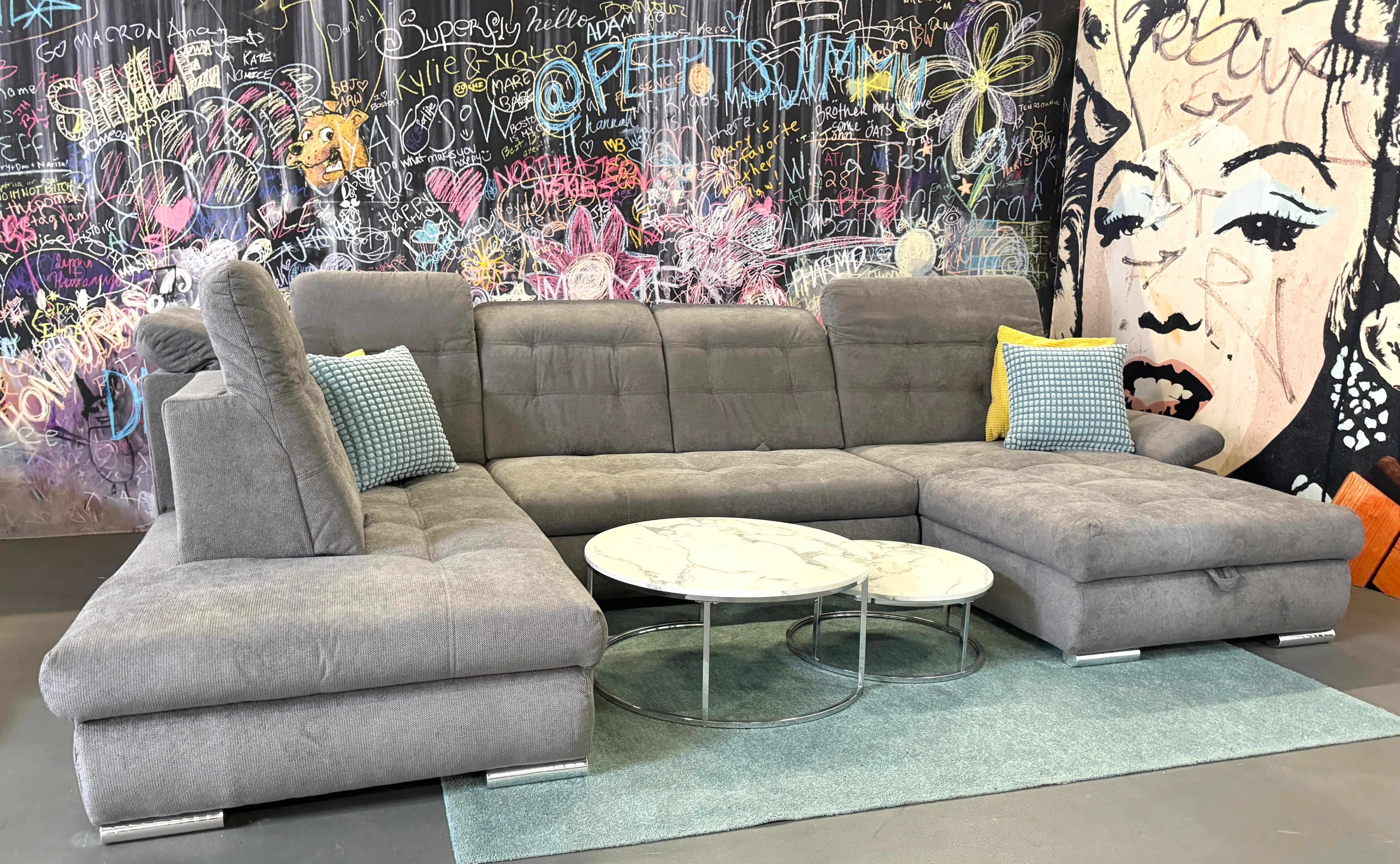 Wohnlandschaft Razor – XXL Sofa mit Schlaffunktion, Bettkasten & verstellbaren Kopflehnen, Grau Wohnlandschaft Razor – XXL Sofa mit Schlaffunktion, Bettkasten & verstellbaren Kopflehnen, Grau