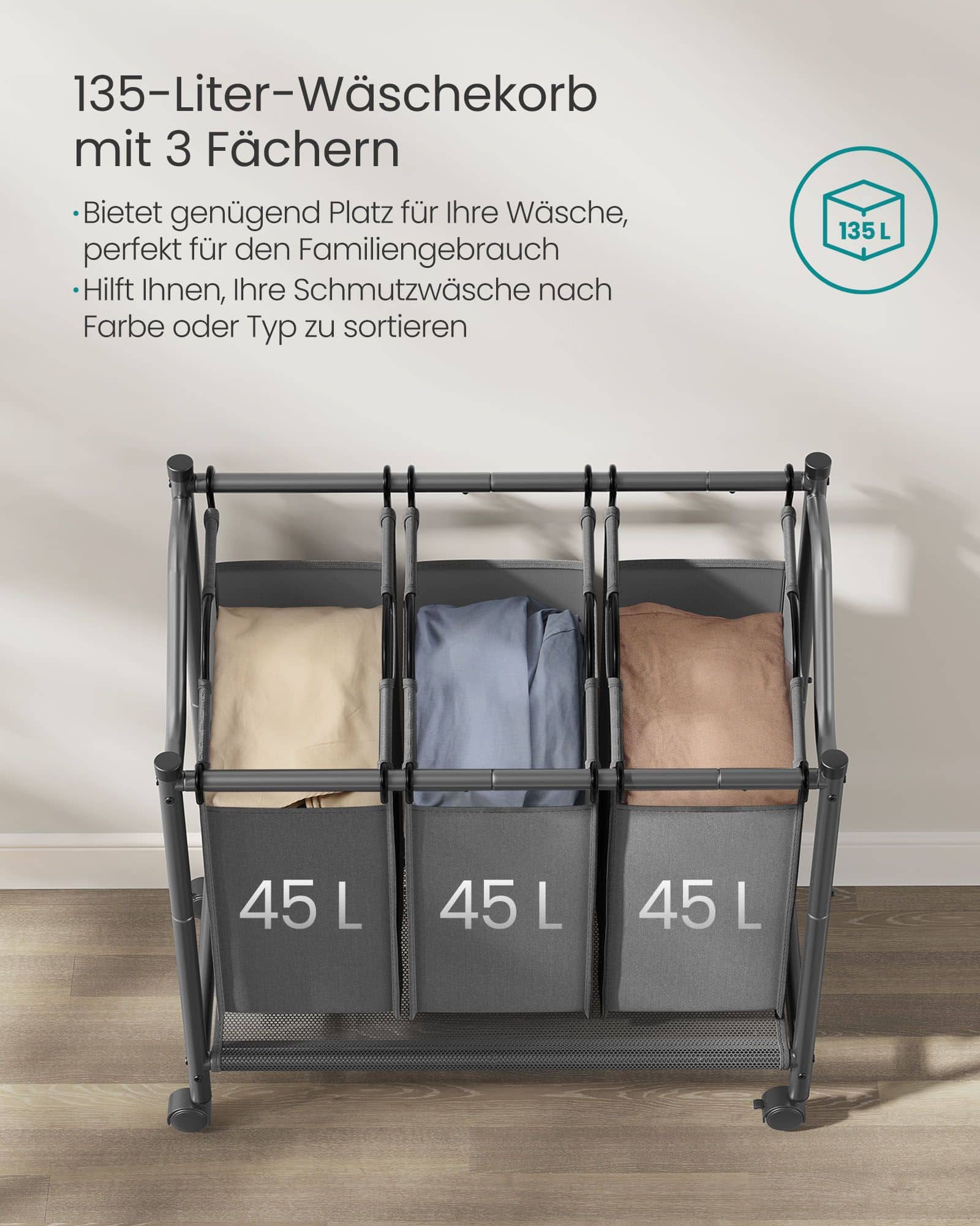 Wäschekorb mit Rollen 3 x 45 L schiefergrau Wäschekorb mit Rollen 3 x 45 L schiefergrau