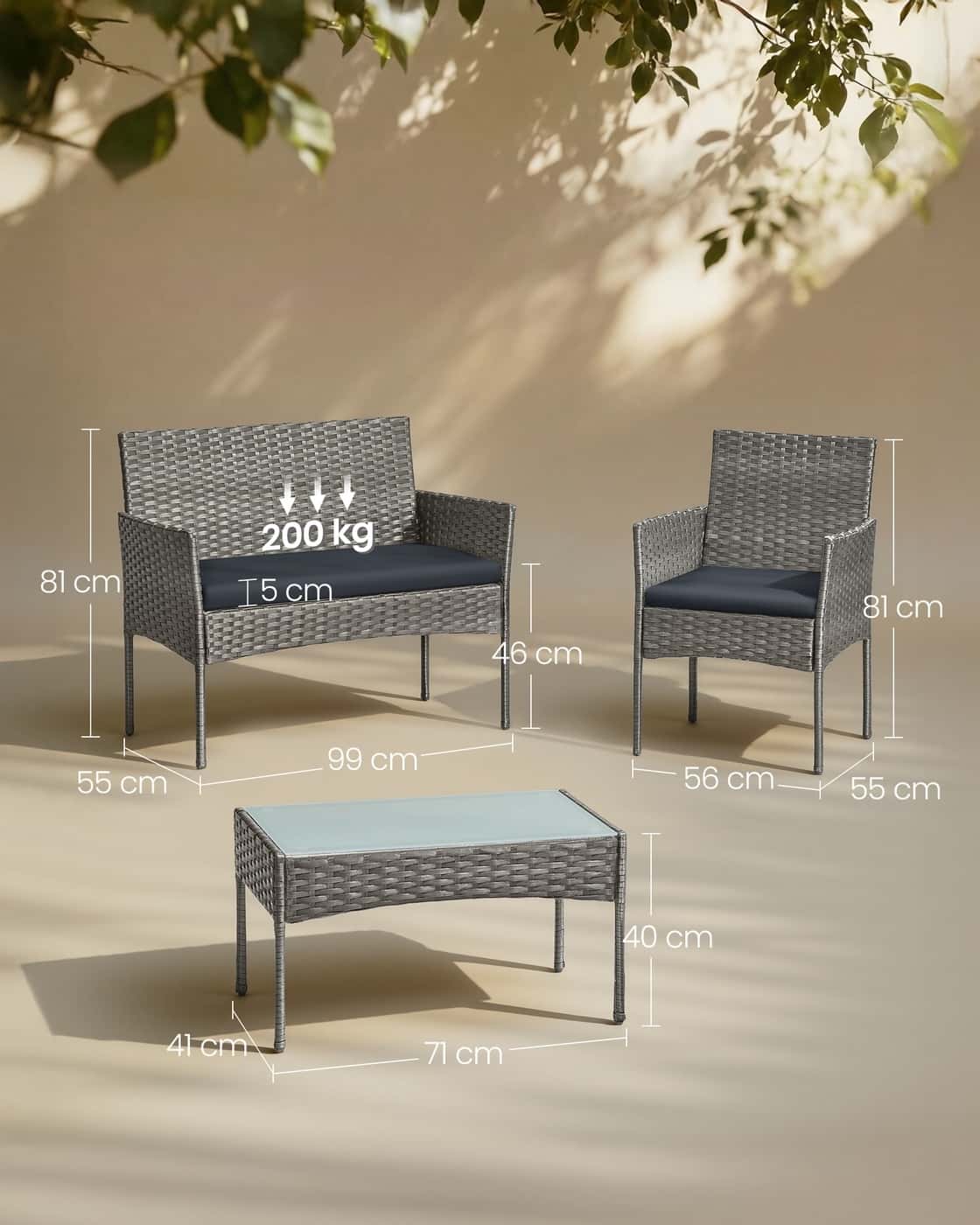 Gartenmöbel Set aus Polyrattan für Terrasse und Balkon grau