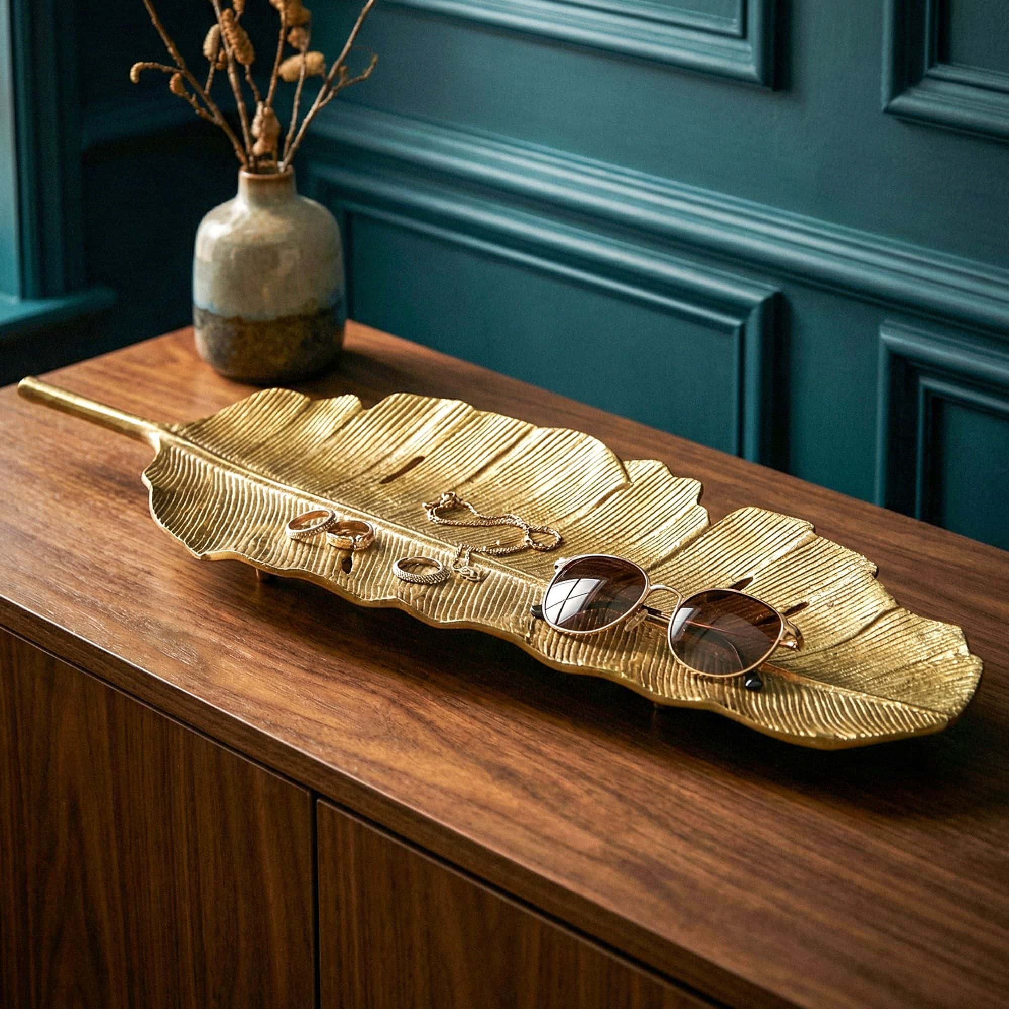 Dekoschale Blatt Aluminium Gold Schale 60cm - Design Tischdeko Metall Wohnzimmer - Alu Wohnaccessoire Modern - Metallschale Dekoration - Aluschale lang Handmade