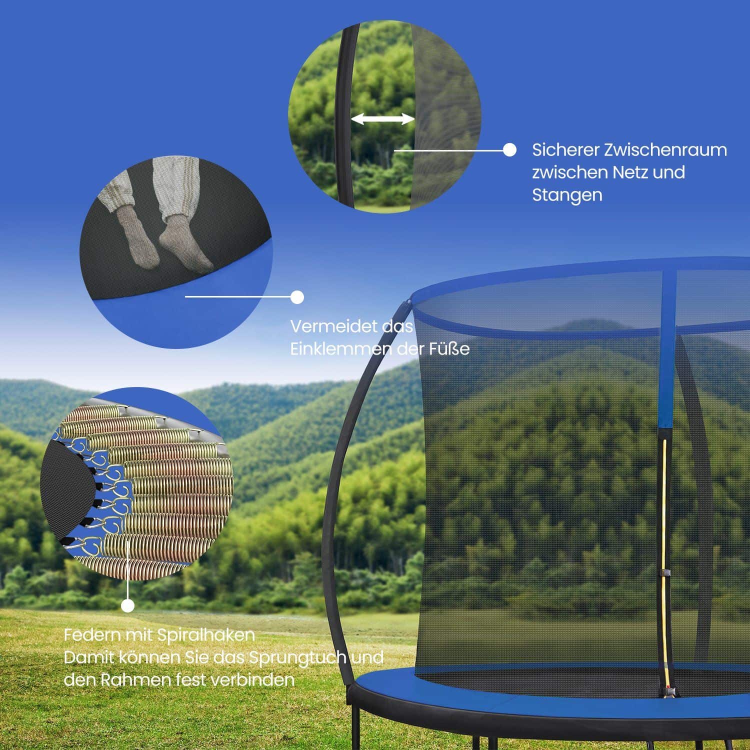 Trampolin 305 cm d, Gartentrampolin mit Sicherheitsnetz, 180 cm hohe gebogene Stangen Trampolin 305 cm d, Gartentrampolin mit Sicherheitsnetz, 180 cm hohe gebogene Stangen