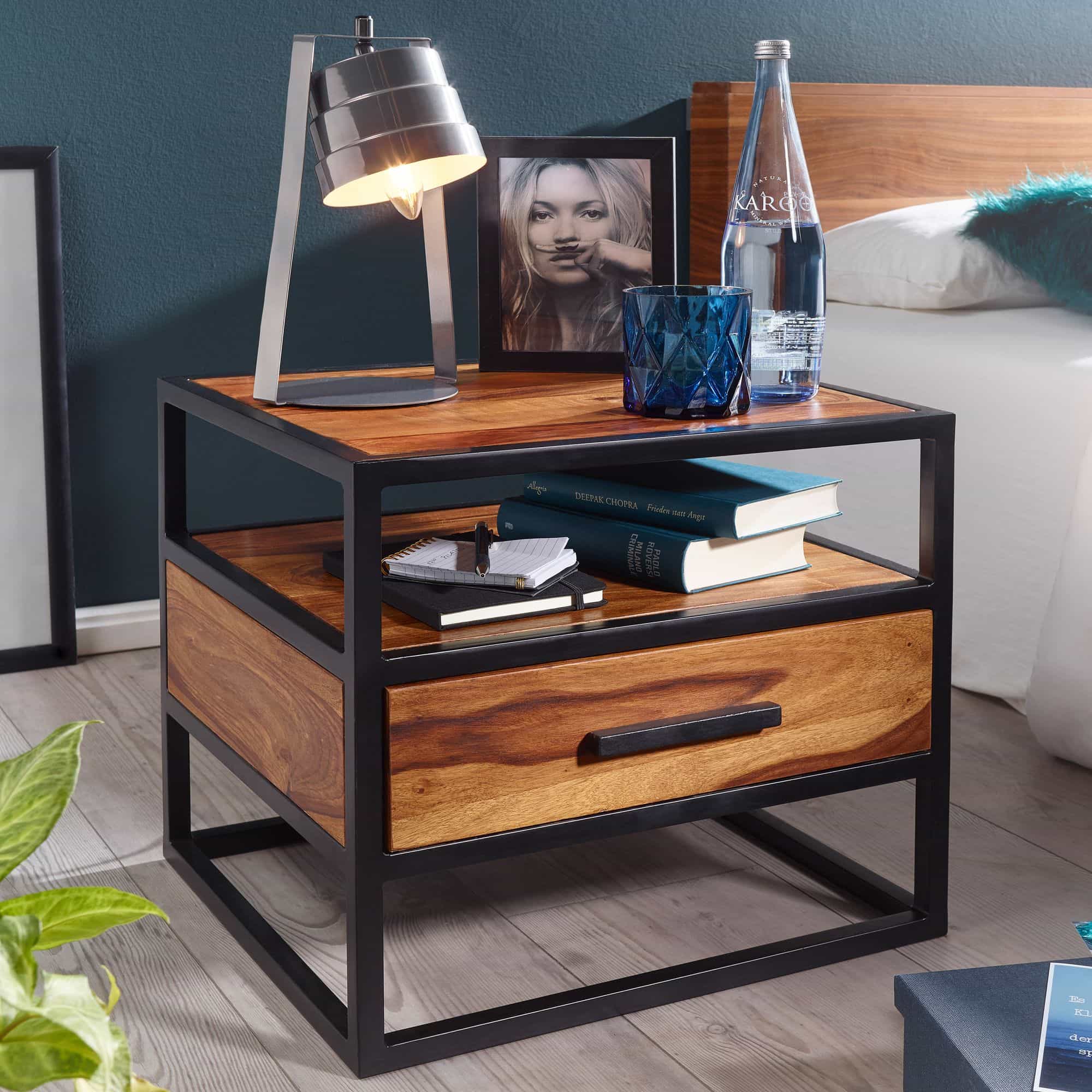 Nachtkonsole 50 x 45 x 45 cm WL5.624 Sheesham Holz Metall Schwarz Nachttisch Nachtkonsole 50 x 45 x 45 cm WL5.624 Sheesham Holz Metall Schwarz Nachttisch