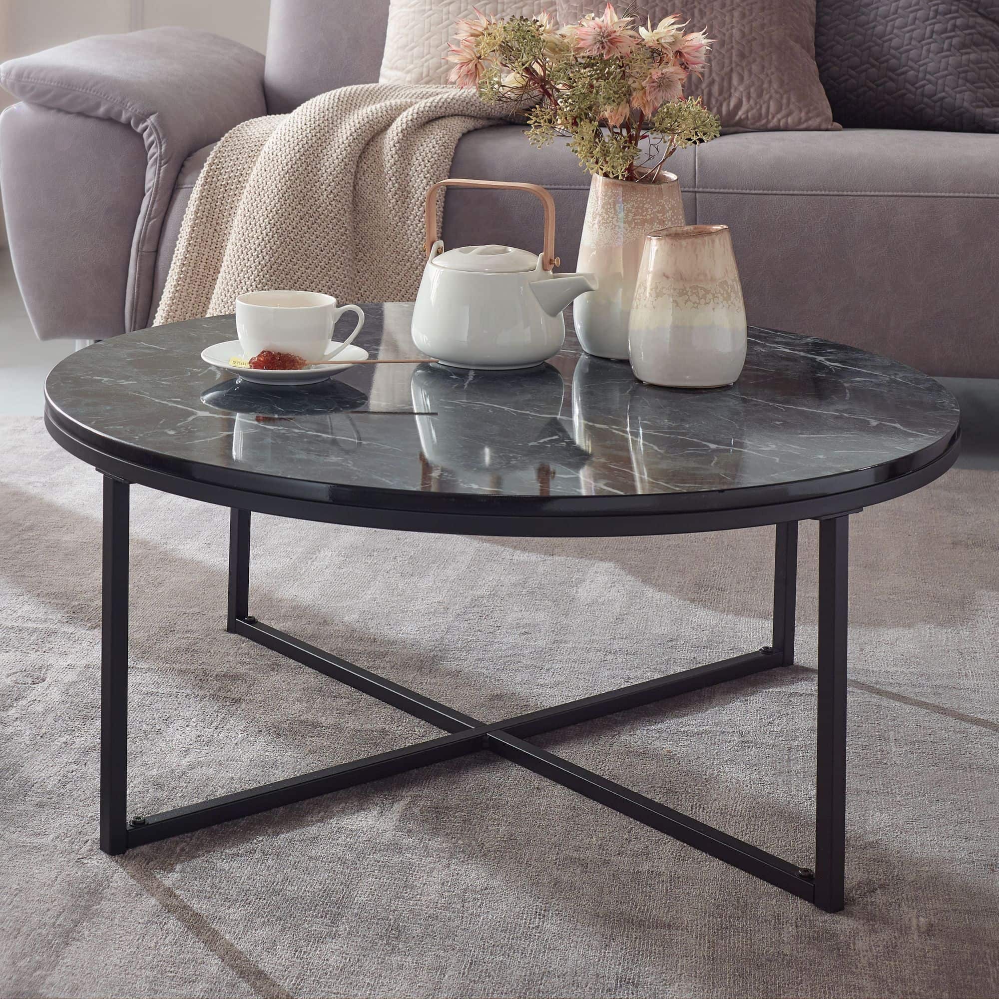 57300-WOHNLING-Couchtisch-80-cm-Marmoroptik-Schwarz-Wohnzimmertisch-mit-Metallgestell-Sofatisch-Rund-Beistelltisch-Tisch-Wohnzimmer-sofati-wohntisch-metall-tisch-design-er-runde Couchtisch 80x36x80 cm mit Marmor Optik Schwarz
