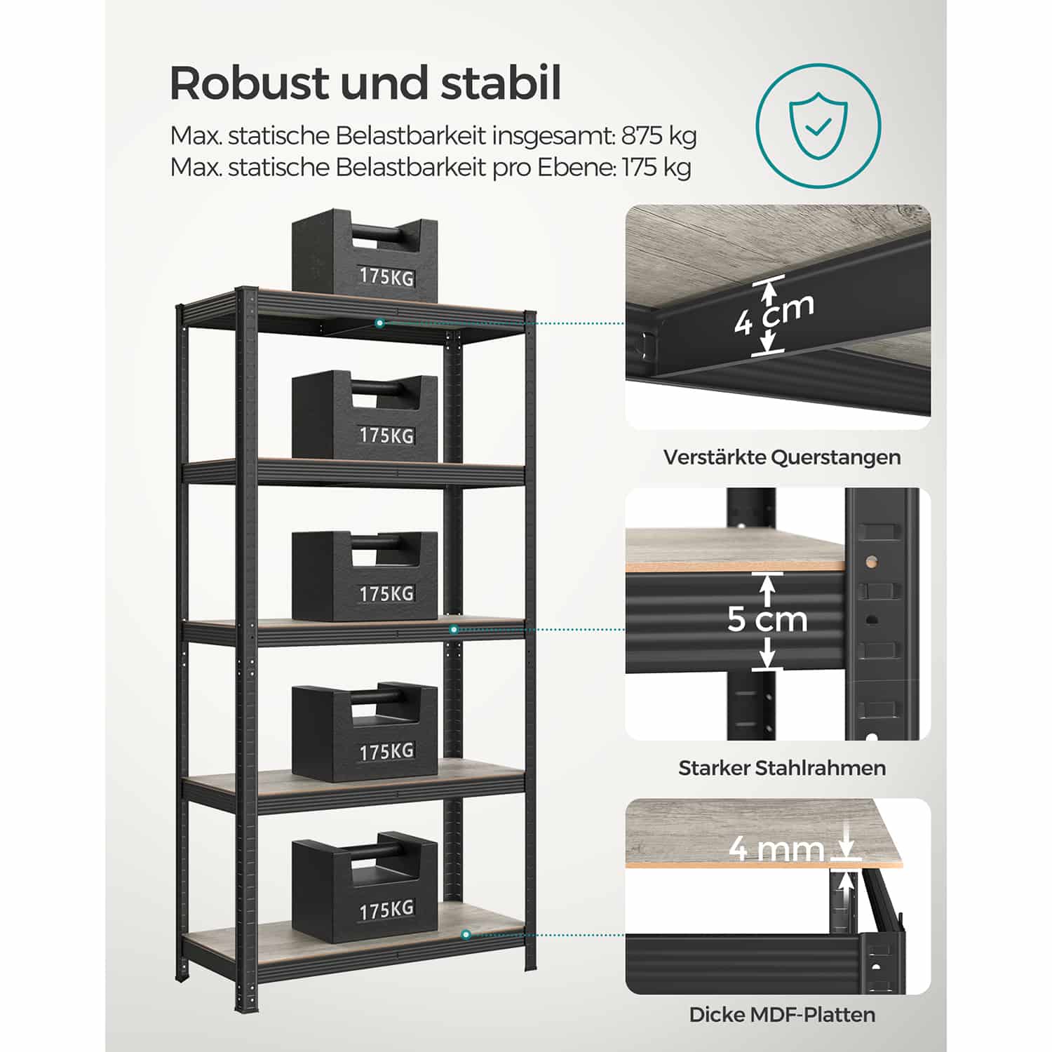 Standregal verstellbar mit 5 Ablagen 40 x 90 x 180 cm Greige-schwarz-B34GLR040B21 Standregal verstellbar mit 5 Ablagen 40 x 90 x 180 cm Greige-schwarz-B34GLR040B21