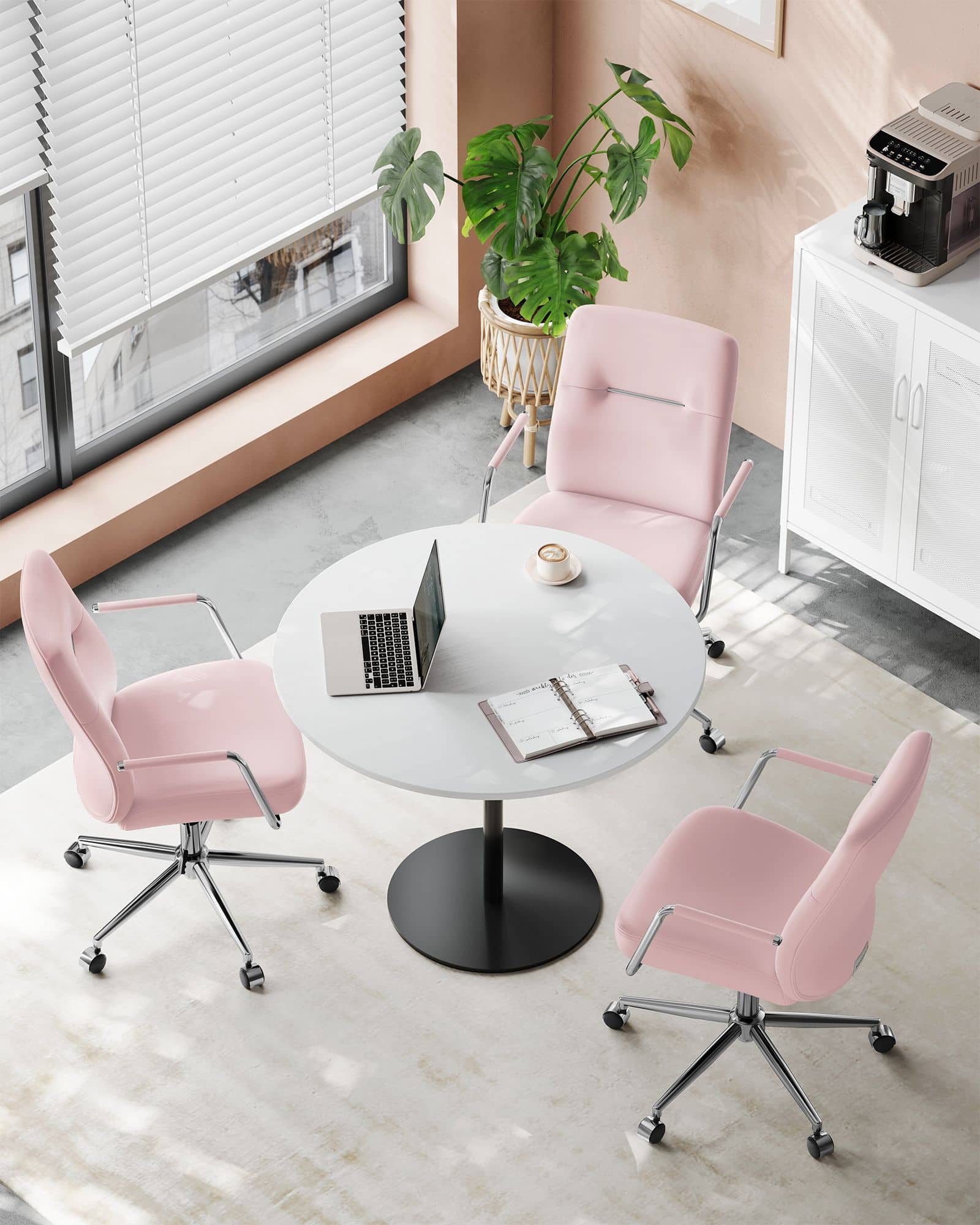 Bürostuhl mit Rückenlehnen und gebogenem Sitz pastellrosa Bürostuhl mit Rückenlehnen und gebogenem Sitz pastellrosa