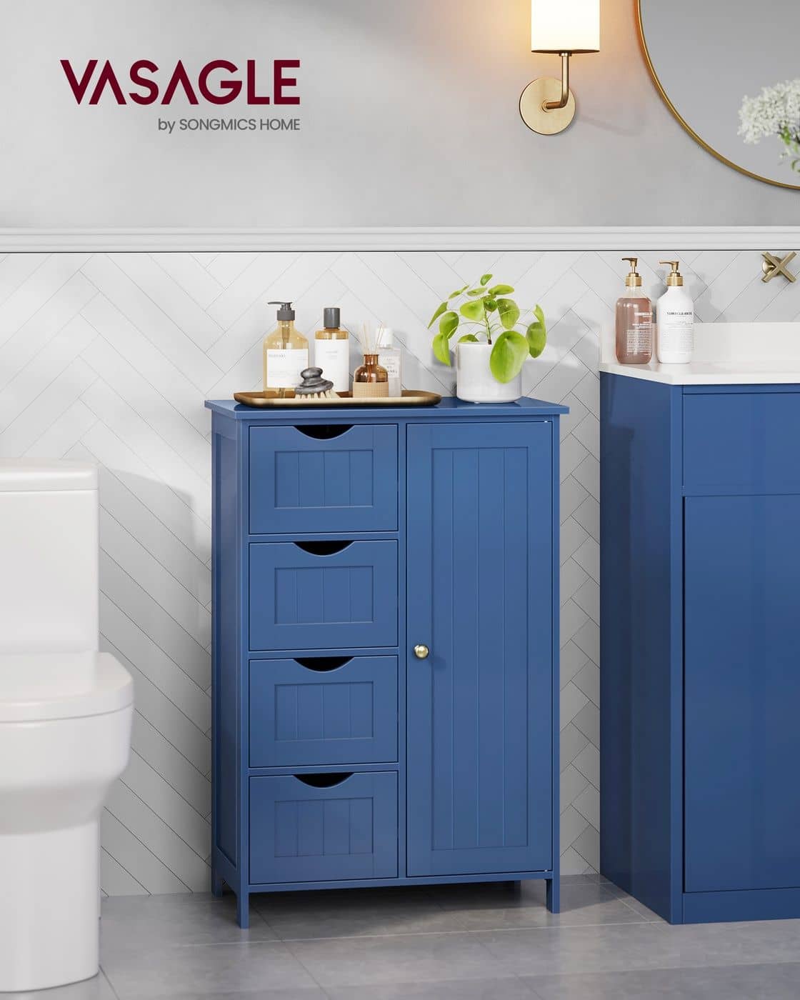 Badezimmerschrank mit 4 Schubladen und 1 Schrank mit verstellbarer Ablage hafenblau Badezimmerschrank mit 4 Schubladen und 1 Schrank mit verstellbarer Ablage hafenblau