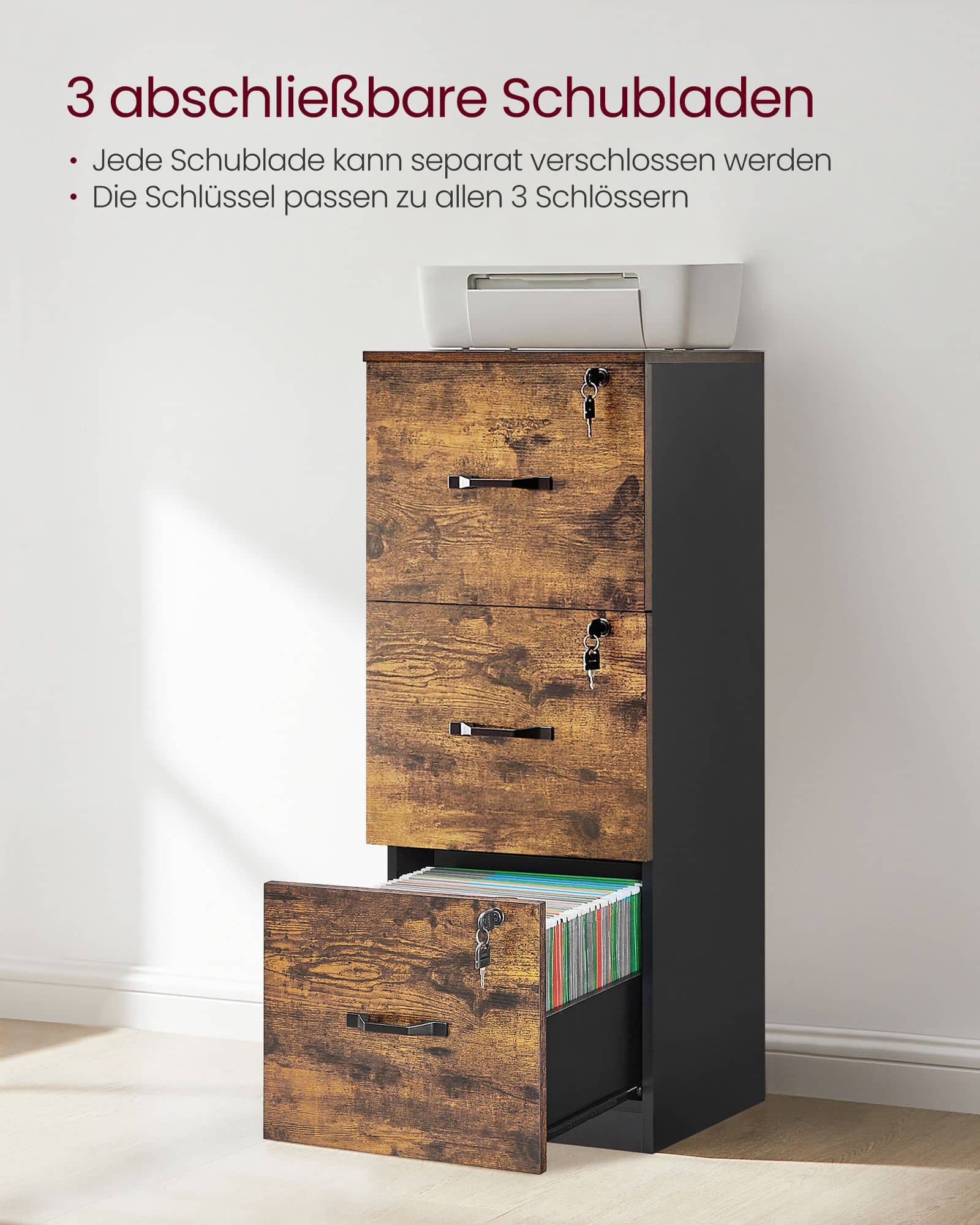 Aktenschrank mit 3 abschließbaren Schubladen Aktenschrank mit 3 abschließbaren Schubladen