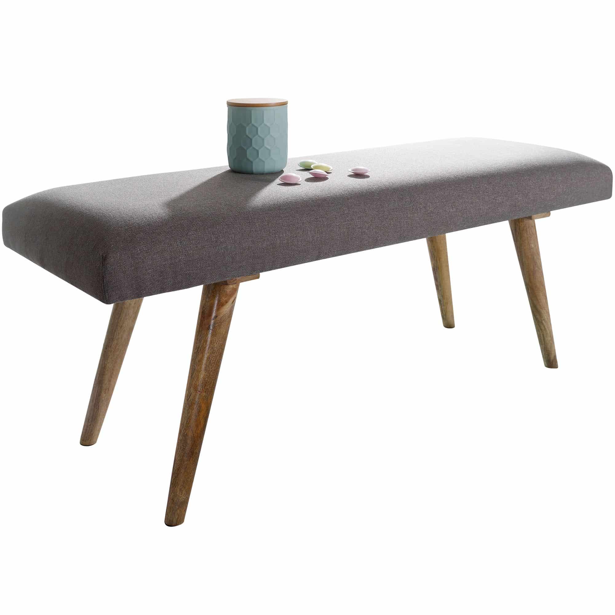46014-WOHNLING-Sitzbank-SALIM-Stoff-Massivholz-Bank-Grau-117x51x38-cm-im-Retro-Stil-2er-Polsterbank-Flur-Gepolsterte-Stoffbank-Esszimmer-Braun-Kleine-Bettbank-Baumwolle-Flurbank Sitzbank Stoff / Massivholz Bank Grau 117x51x38 cm im Retro Stil