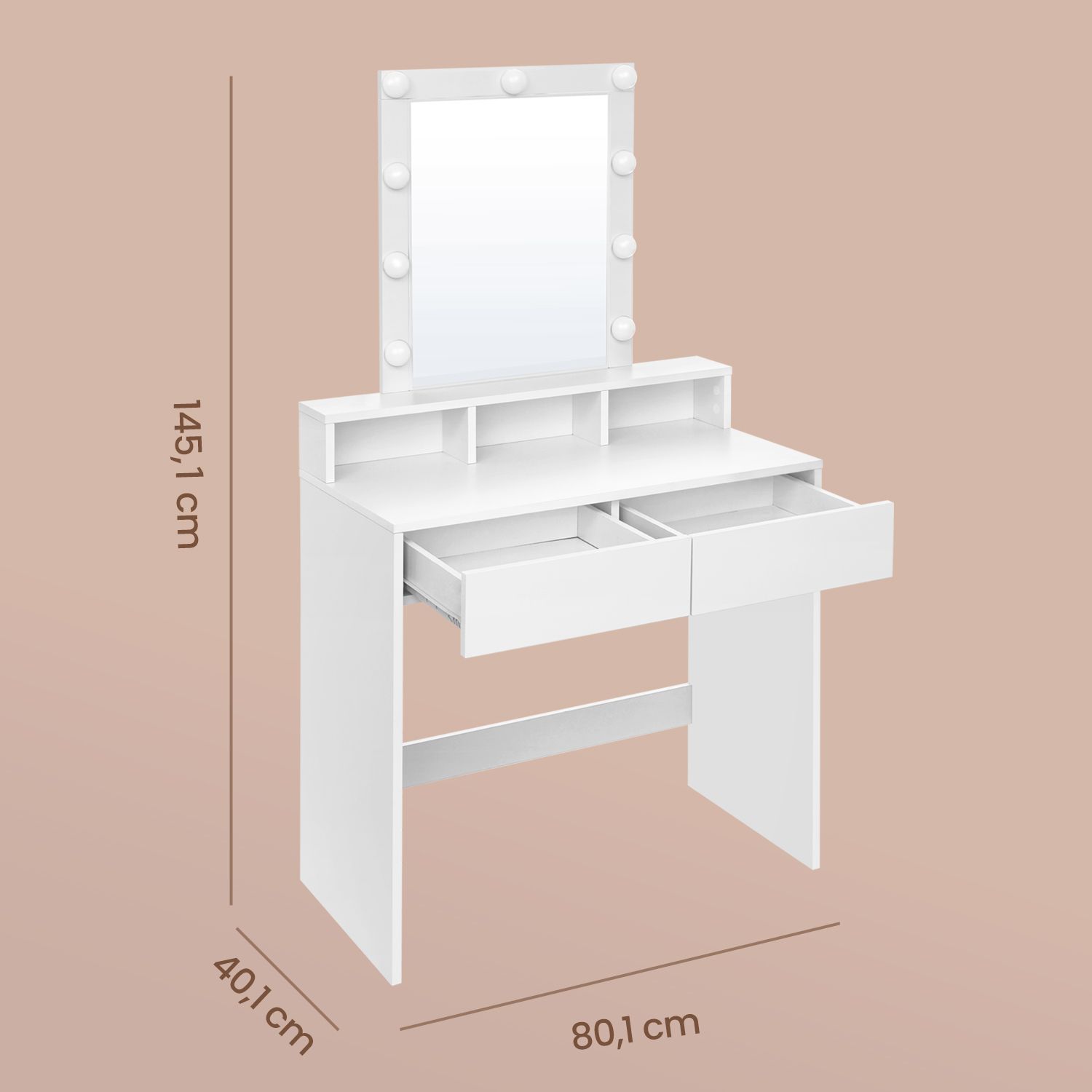 Schminktisch mit LED-Beleuchtung, Frisiertisch mit Spiegel, 2 Schubladen und 3 offenen Fächern Schminktisch mit LED-Beleuchtung, Frisiertisch mit Spiegel, 2 Schubladen und 3 offenen Fächern