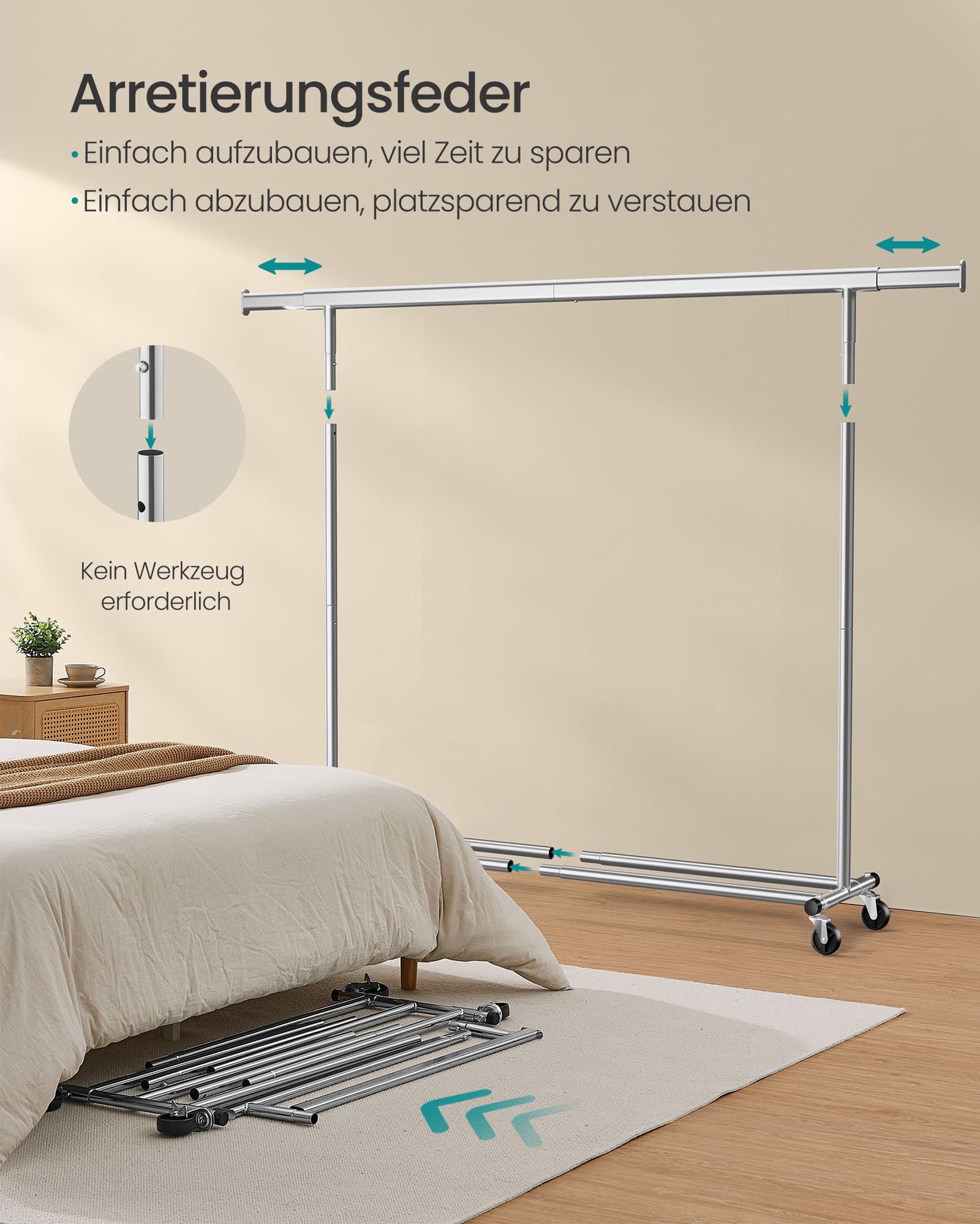 Kleiderständer auf Rollen mit ausziehbarer Kleiderstange silbern Kleiderständer auf Rollen mit ausziehbarer Kleiderstange silbern