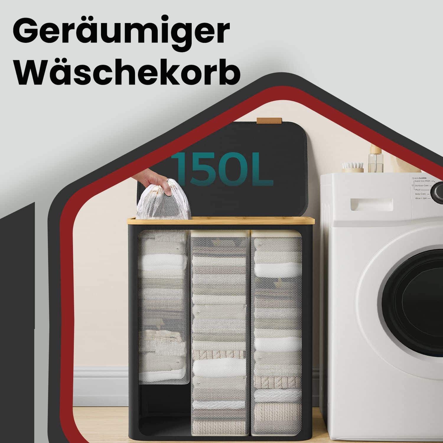 Wäschekorb 3 Fächer, Wäschesammler mit Deckel, 150 L Wäschekorb 3 Fächer, Wäschesammler mit Deckel, 150 L