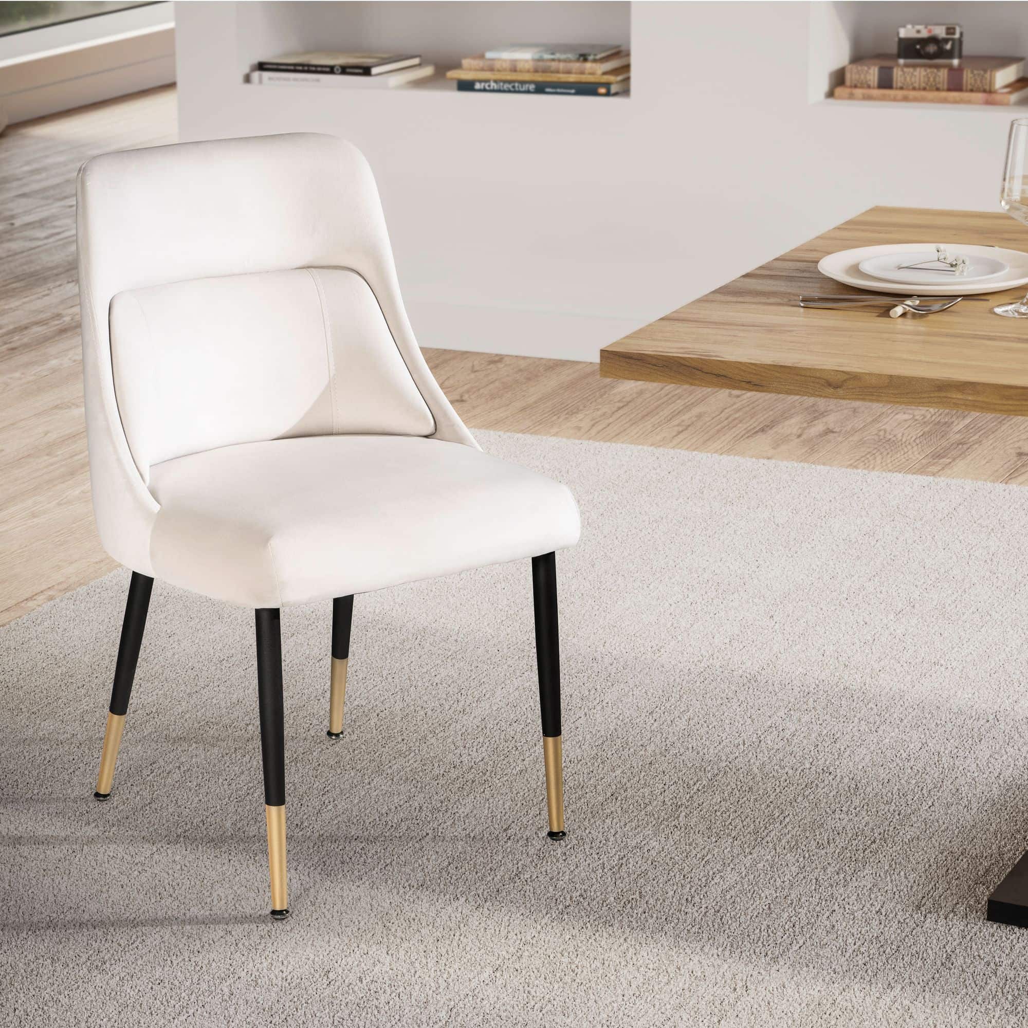 Esszimmerstuhl Samt Beige Küchenstuhl mit schwarzen Beinen Esszimmerstuhl Samt Beige Küchenstuhl mit schwarzen Beinen