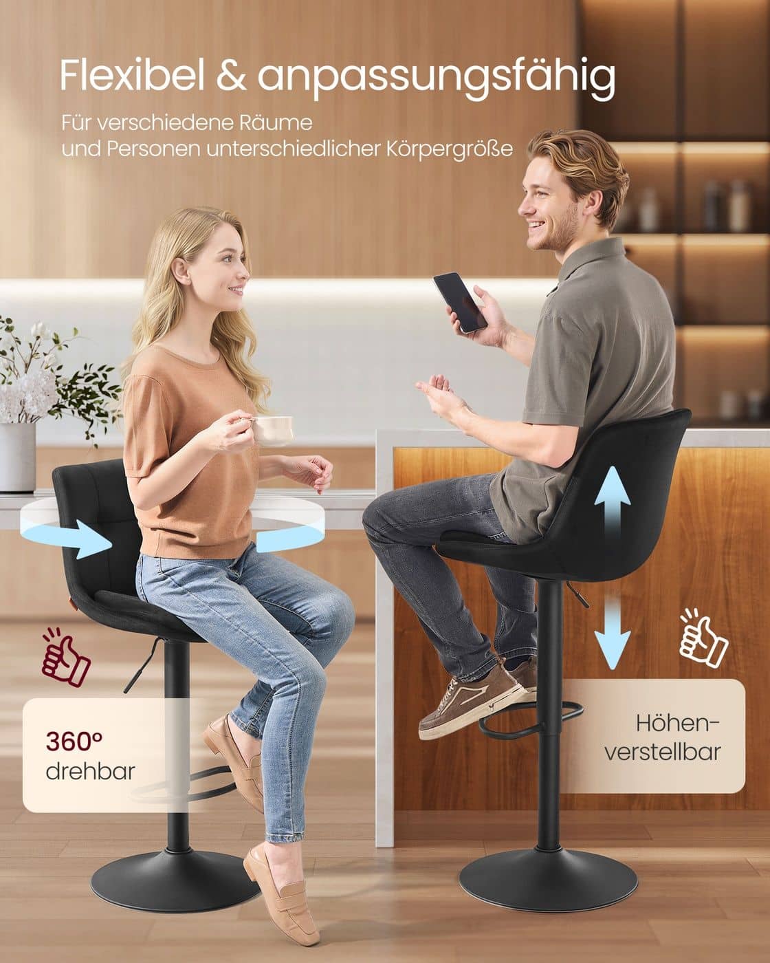 Barhocker 2er Set aus Samt höhenverstellbar drehbar tintenschwarz Barhocker 2er Set aus Samt höhenverstellbar drehbar tintenschwarz