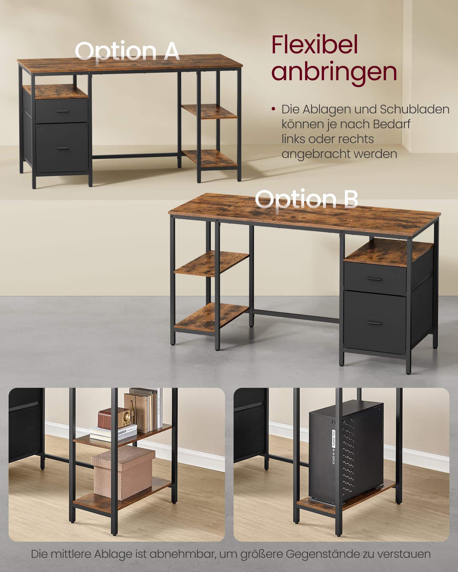 Computertisch mit 3 Ablagen und 2 Schubladen vintagebraun-schwarz