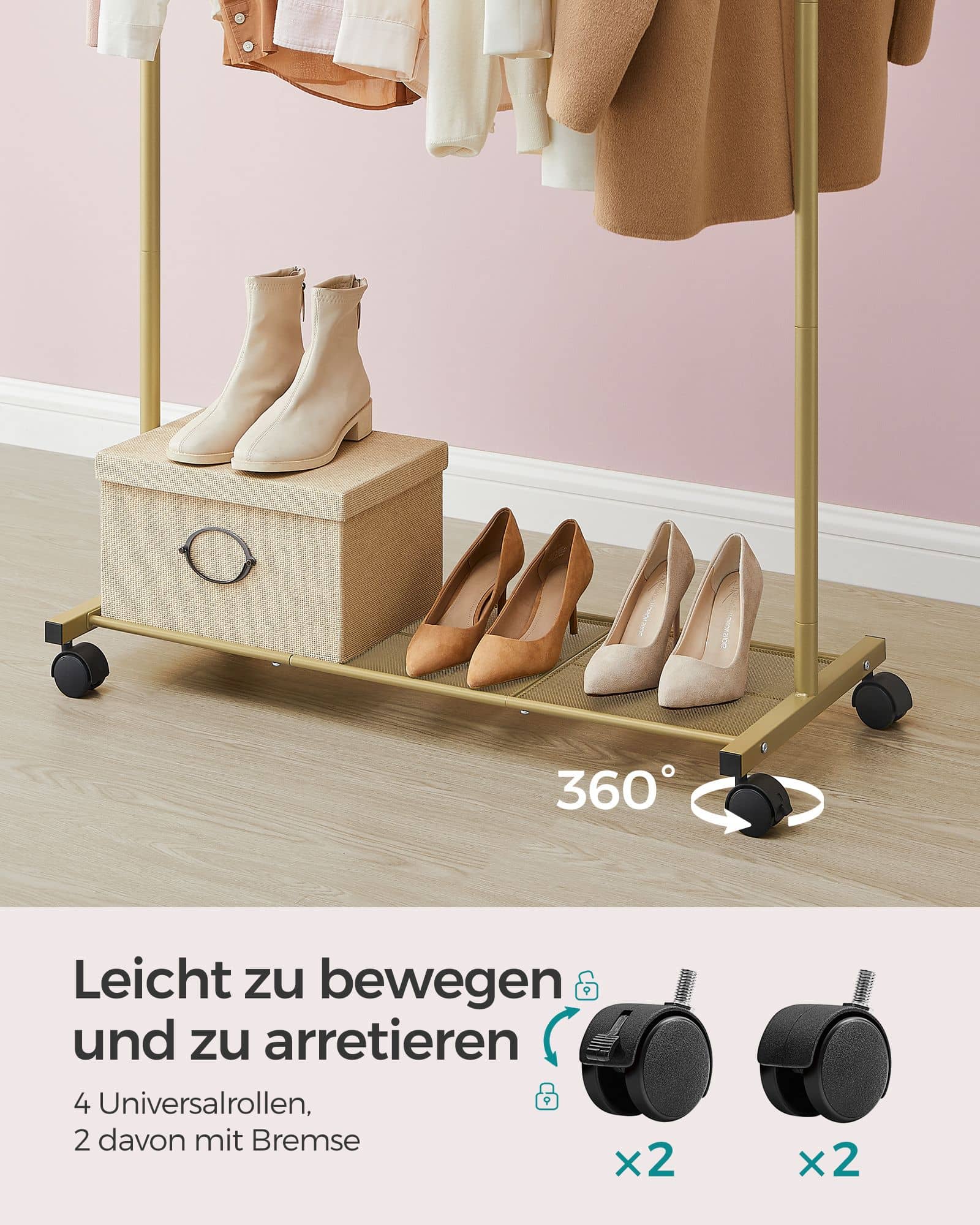 Kleiderstange auf Rollen mit Ablage goldfarben