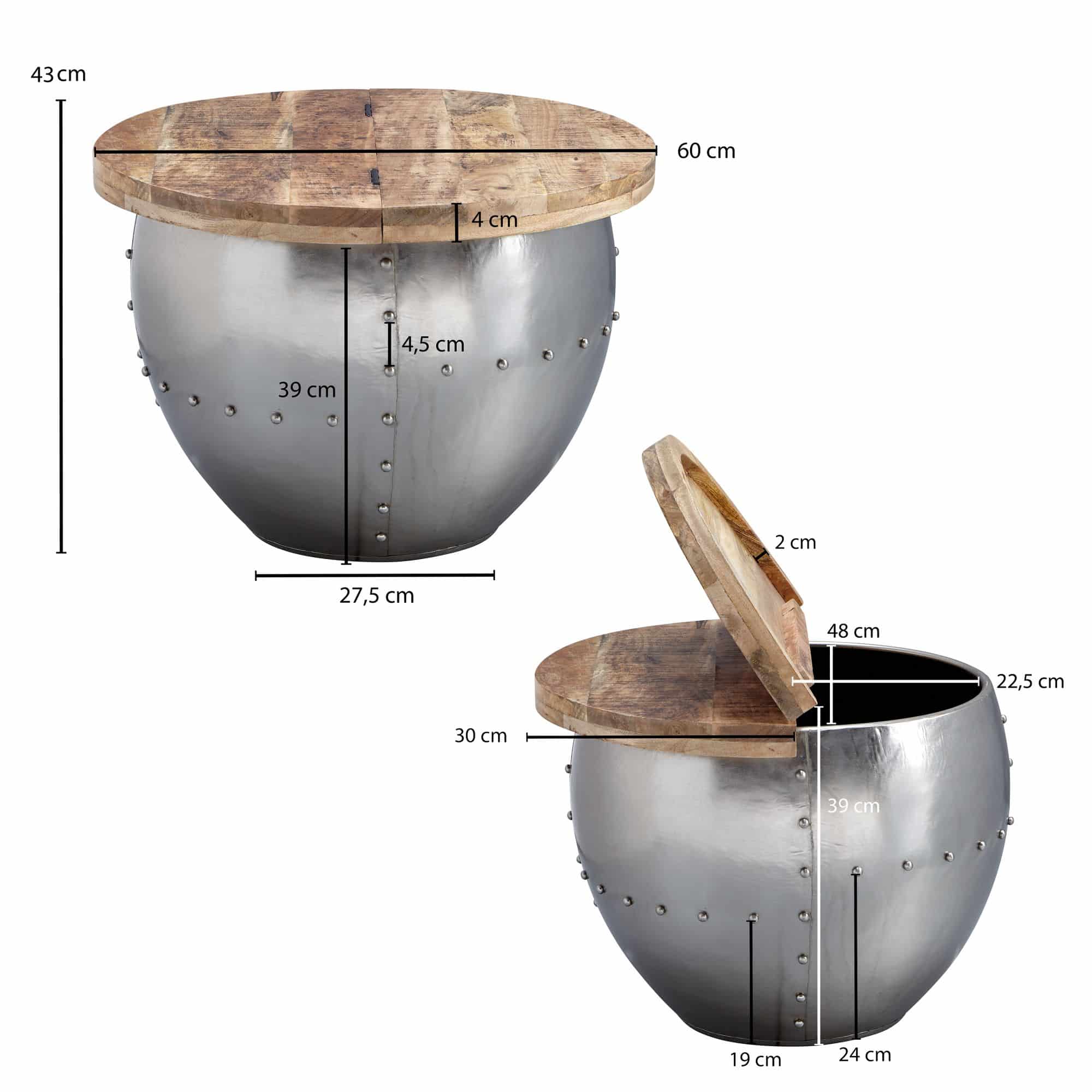 Couchtisch Mango Massivholz / Metall 60x43x60 cm Industrial Style Rund