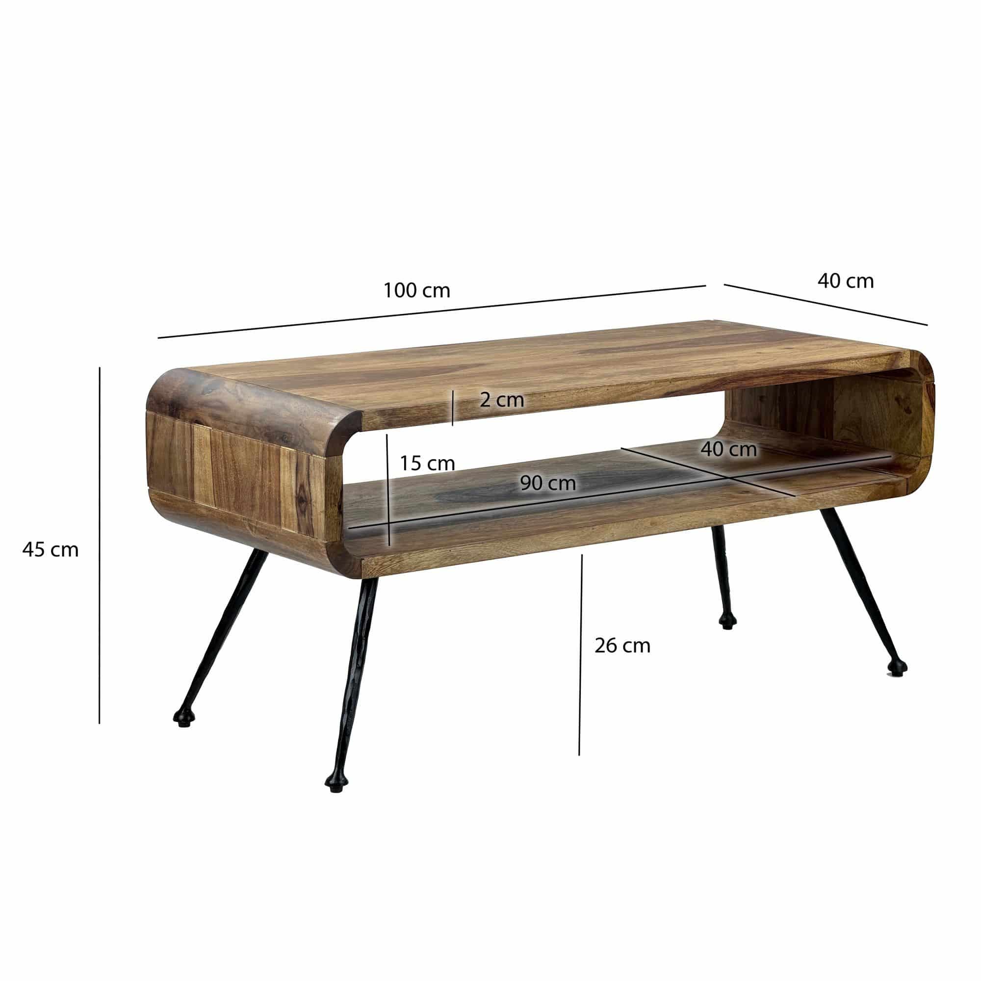 Retro Couchtisch Sheesham Massivholz 100cm · Wohnzimmertisch rechteckig mit Ablagefach · Handgefertigter Sofatisch aus Holz mit Metallbeinen im Industrial Design