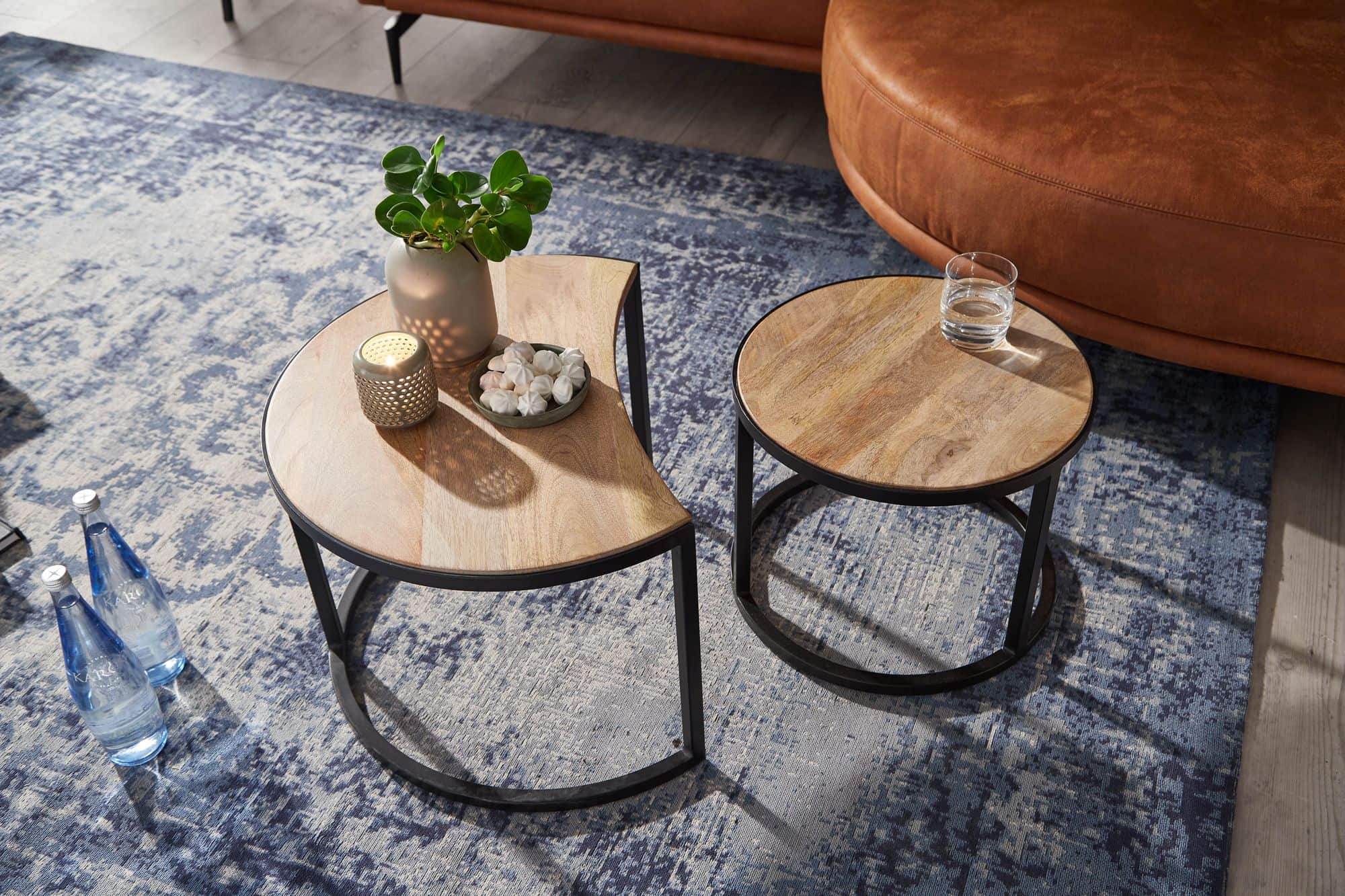 Couchtisch 2er Set Mango Massivholz / Metall Wohnzimmertisch Rund Couchtisch 2er Set Mango Massivholz / Metall Wohnzimmertisch Rund
