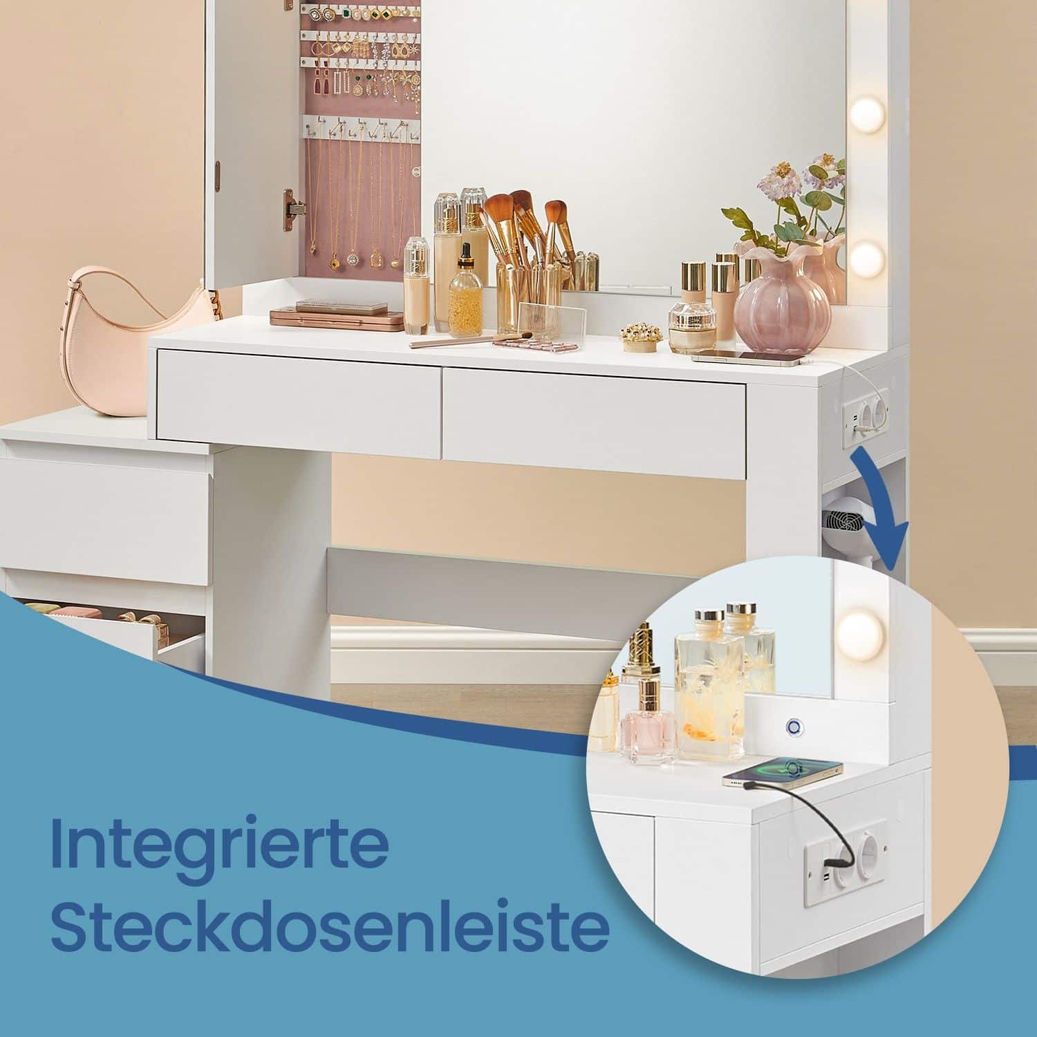 Schminktisch mit LED-Beleuchtung, Frisiertisch mit Spiegel, Schmuckschrank Schminktisch mit LED-Beleuchtung, Frisiertisch mit Spiegel, Schmuckschrank