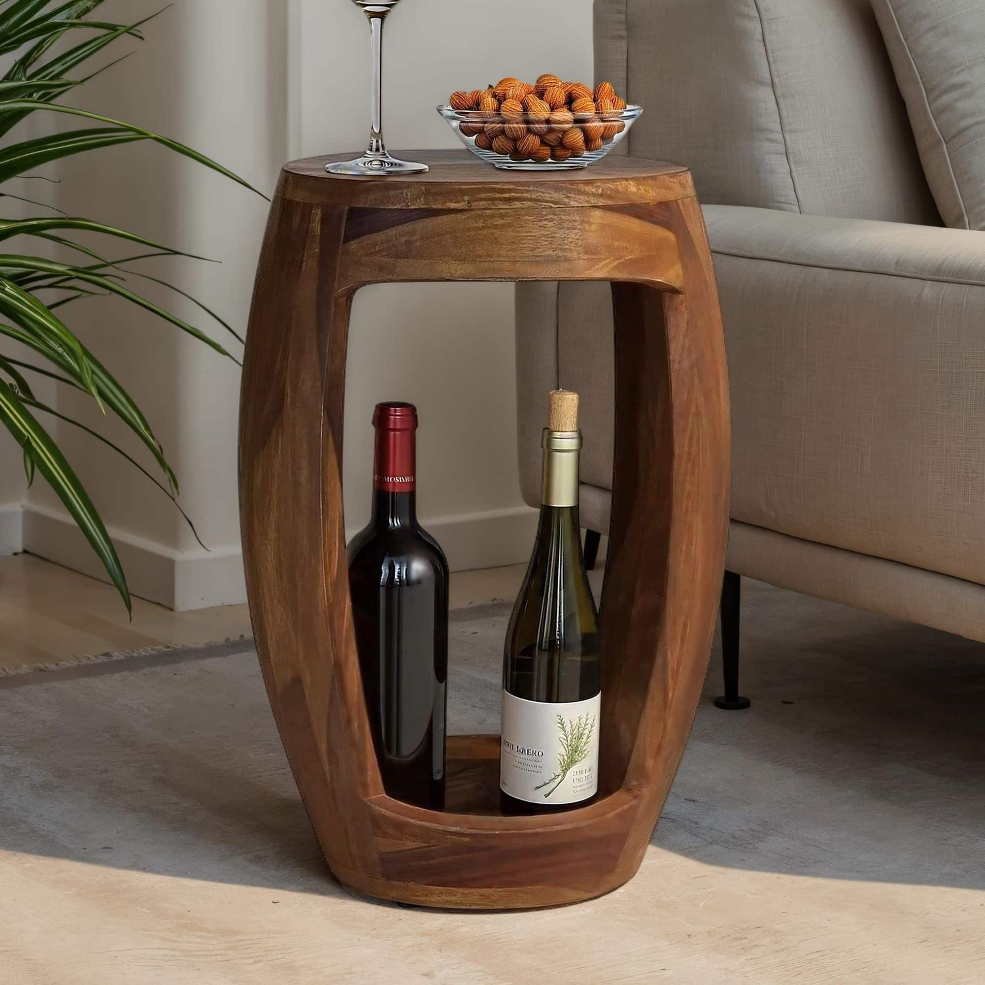 Beistelltisch Sheesham Massivholz rund 30cm · Kleiner Runder Couchtisch mit offenem Fach · Handgefertigter Wohnzimmertisch im modernen Design aus Echtholz