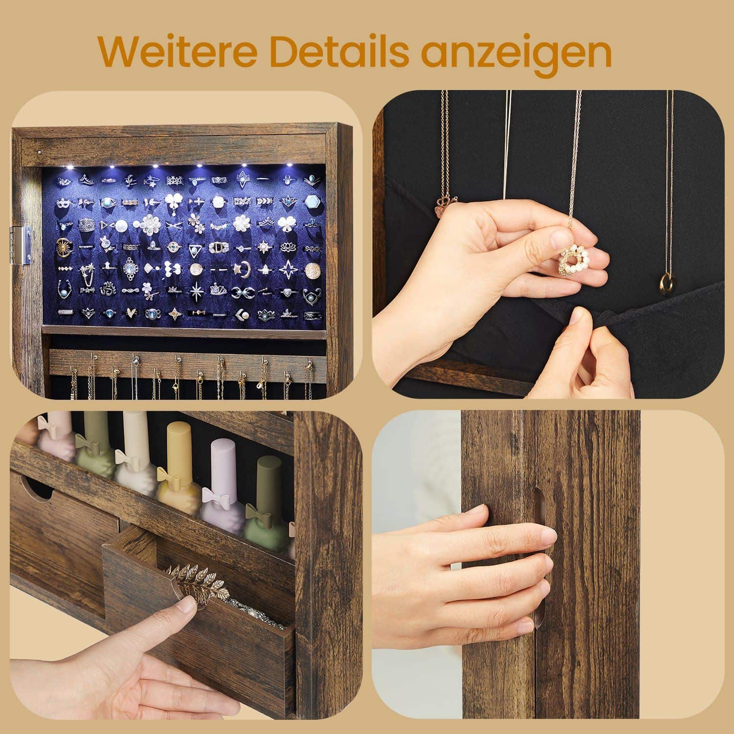 Schmuckschrank hängend, Wandspiegel, 6 LED-Glühbirnen Schmuckschrank hängend, Wandspiegel, 6 LED-Glühbirnen