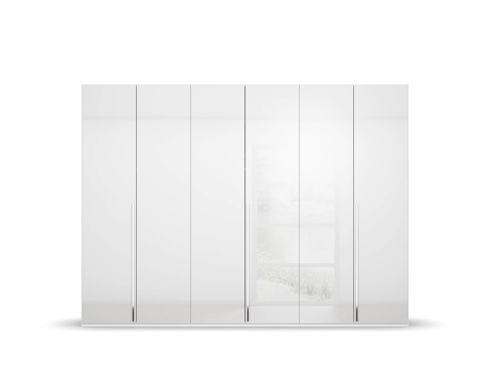 6-türiger Kleiderschrank Montclar - Drehtürenschrank von Rauch in Hochglanz Weiß/Alpinweiß mit Schubkasteneinsatz, Innenspiegel und Wäscheeinteilung aus Holzwerkstoff