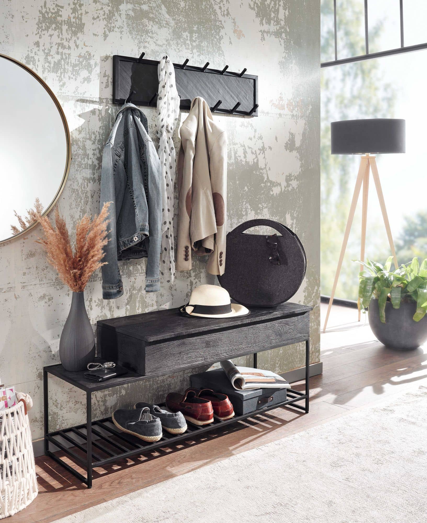 Sitzbank mit Wandgarderobe Schwarz Mango Massivholz Schuhbank 110 cm