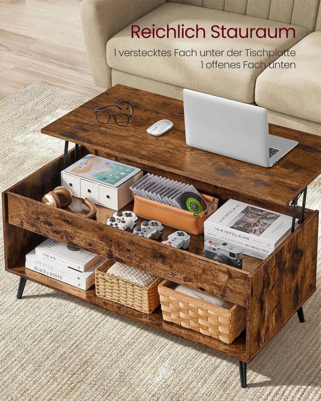 Couchtisch mit verstellbarer Platte und verstecktem Fach vintagebraun-Mattschwarz Couchtisch mit verstellbarer Platte und verstecktem Fach vintagebraun-Mattschwarz