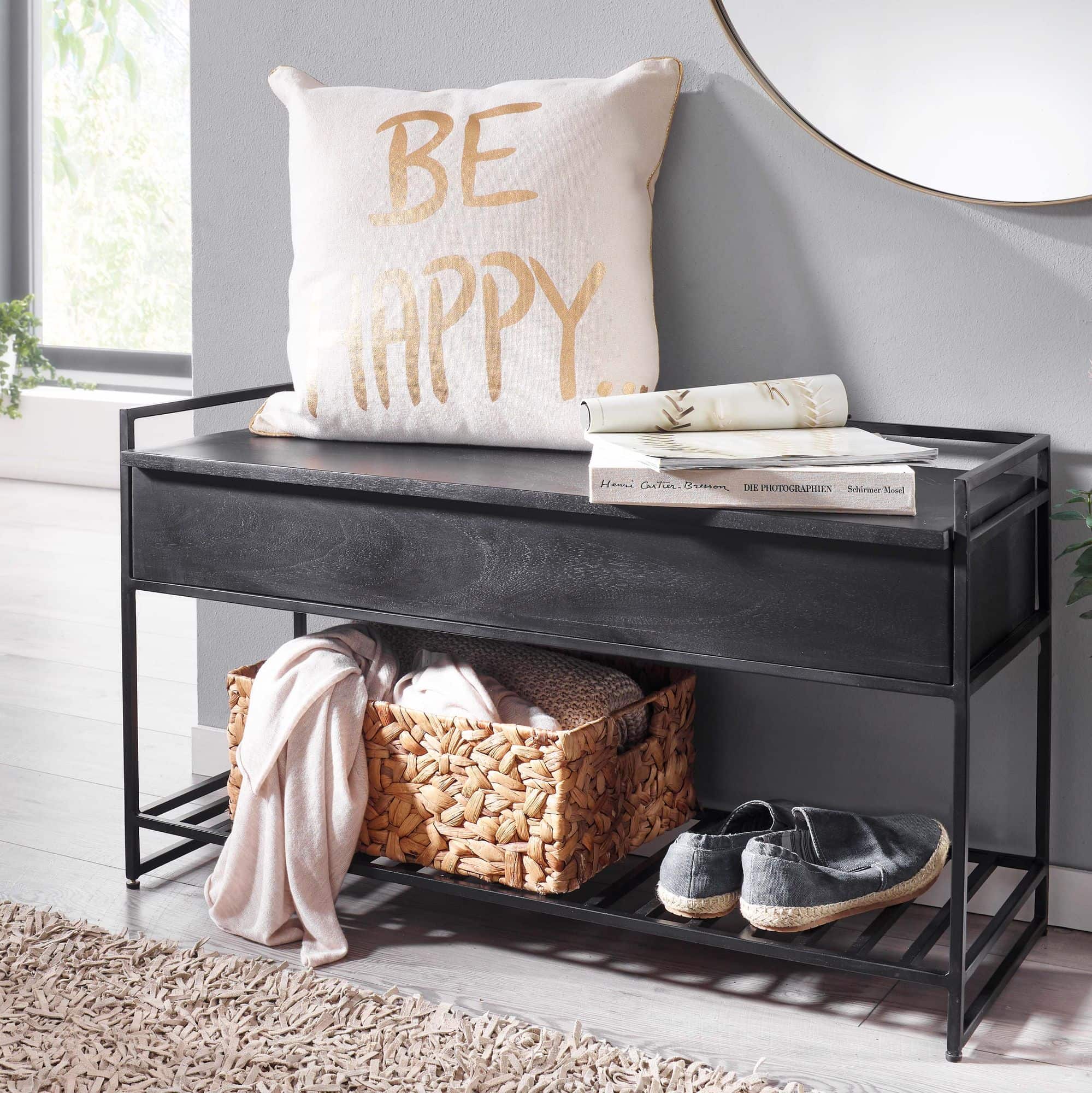 67859-Wohnling-Sitzbank-90x38x52-cm-Schwarz-WL6-587-WL6-587_10 Sitzbank mit Stauraum 90x52x38 cm Mango Massivholz / Metall Flurbank Schwarz