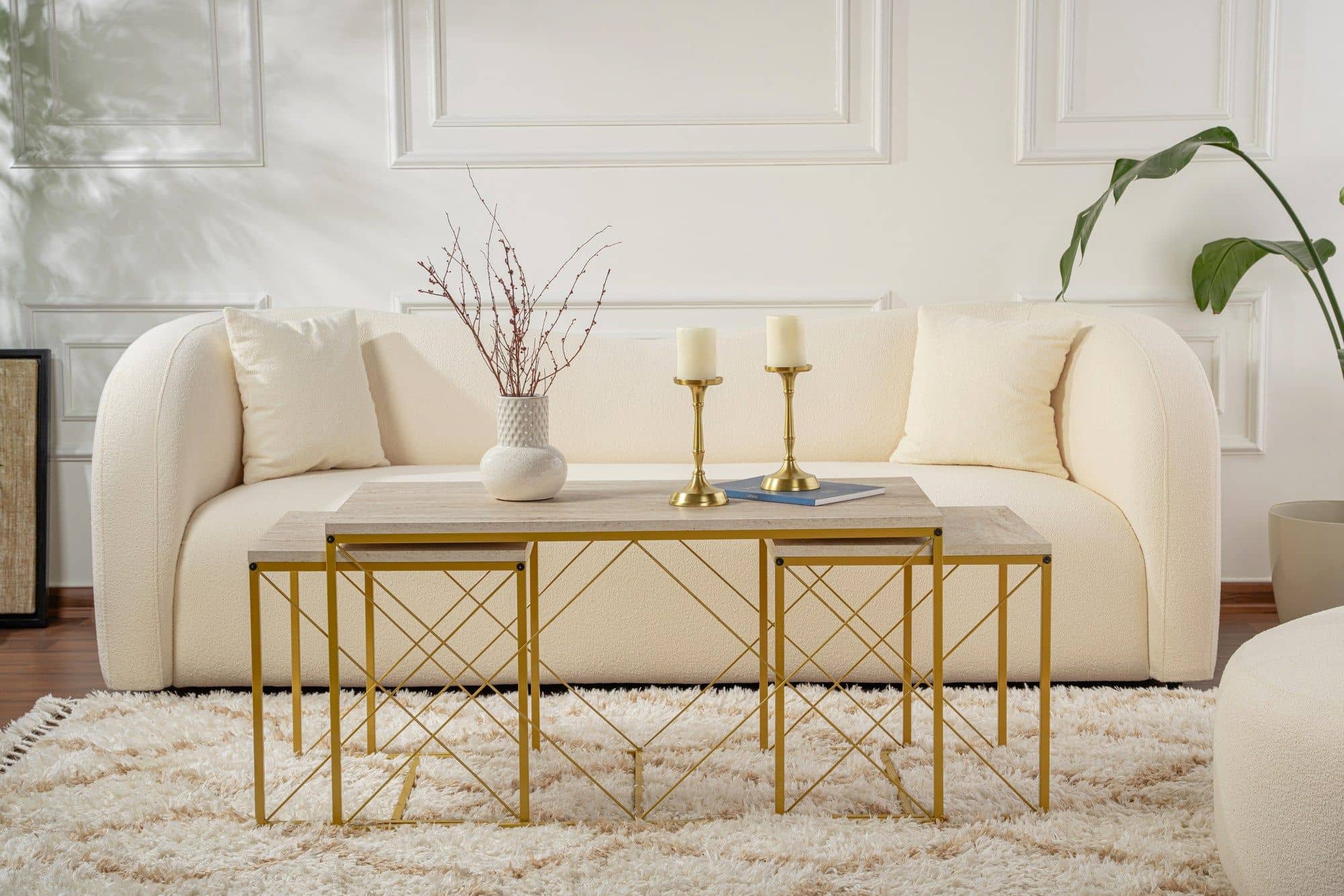 Defne - Gold, Travertine - Couchtisch Set