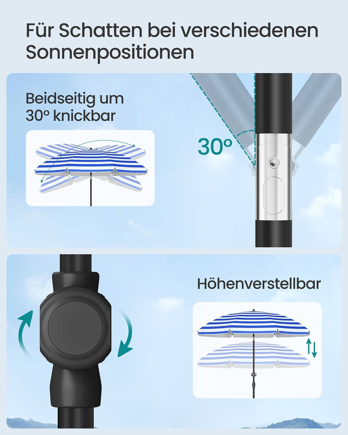Sonnenschirm 160 cm beidseitig um 30° knickbar höhenverstellbar blau-weiß Sonnenschirm 160 cm beidseitig um 30° knickbar höhenverstellbar blau-weiß