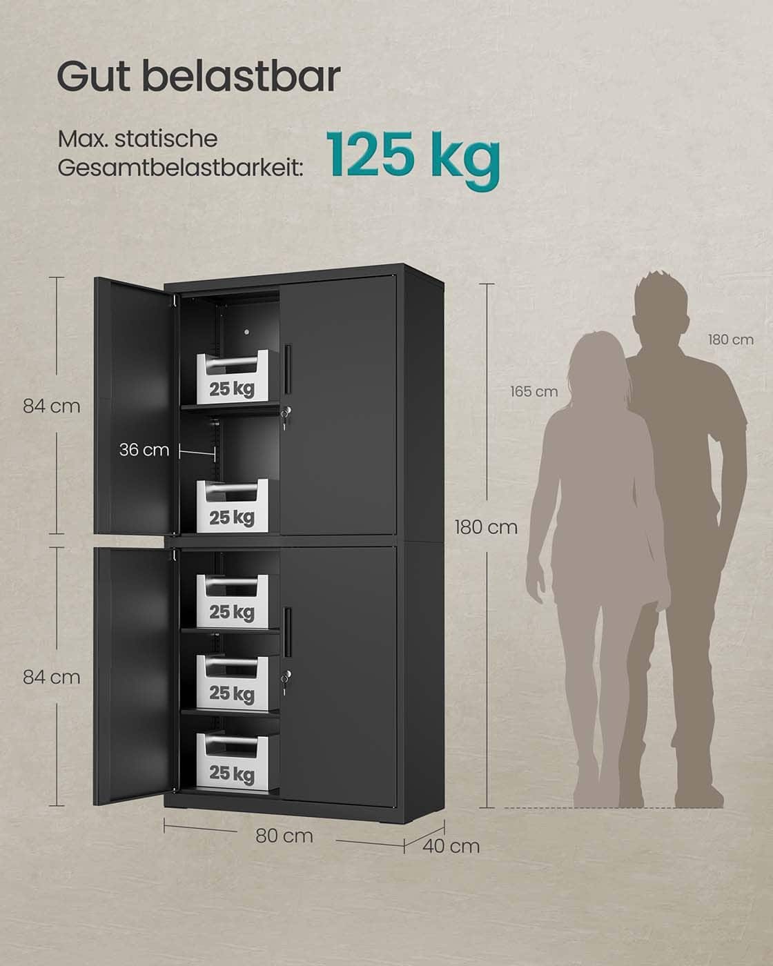 Aktenschrank mit 4 Türen und 5 Ebenen 40 x 80 x 180 cm mattschwarz Aktenschrank mit 4 Türen und 5 Ebenen 40 x 80 x 180 cm mattschwarz