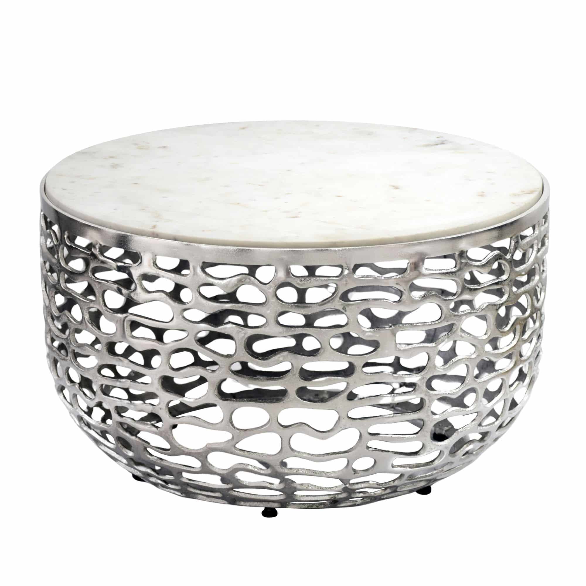 Design Metall Couchtisch Silber mit weißer Marmor Tischplatte 60 cm rund - Aluminium Wohnzimmertisch Modern - Loungetisch Alu Beistelltisch Wohnzimmer Handmade